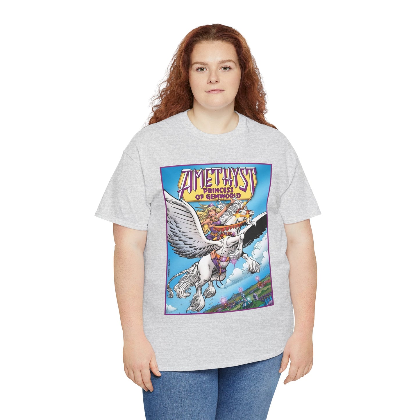 Amethyst Princess of Gemworld T-Shirt - George Perez Art - DC Comics 1980s Series - Riding a Unicorn