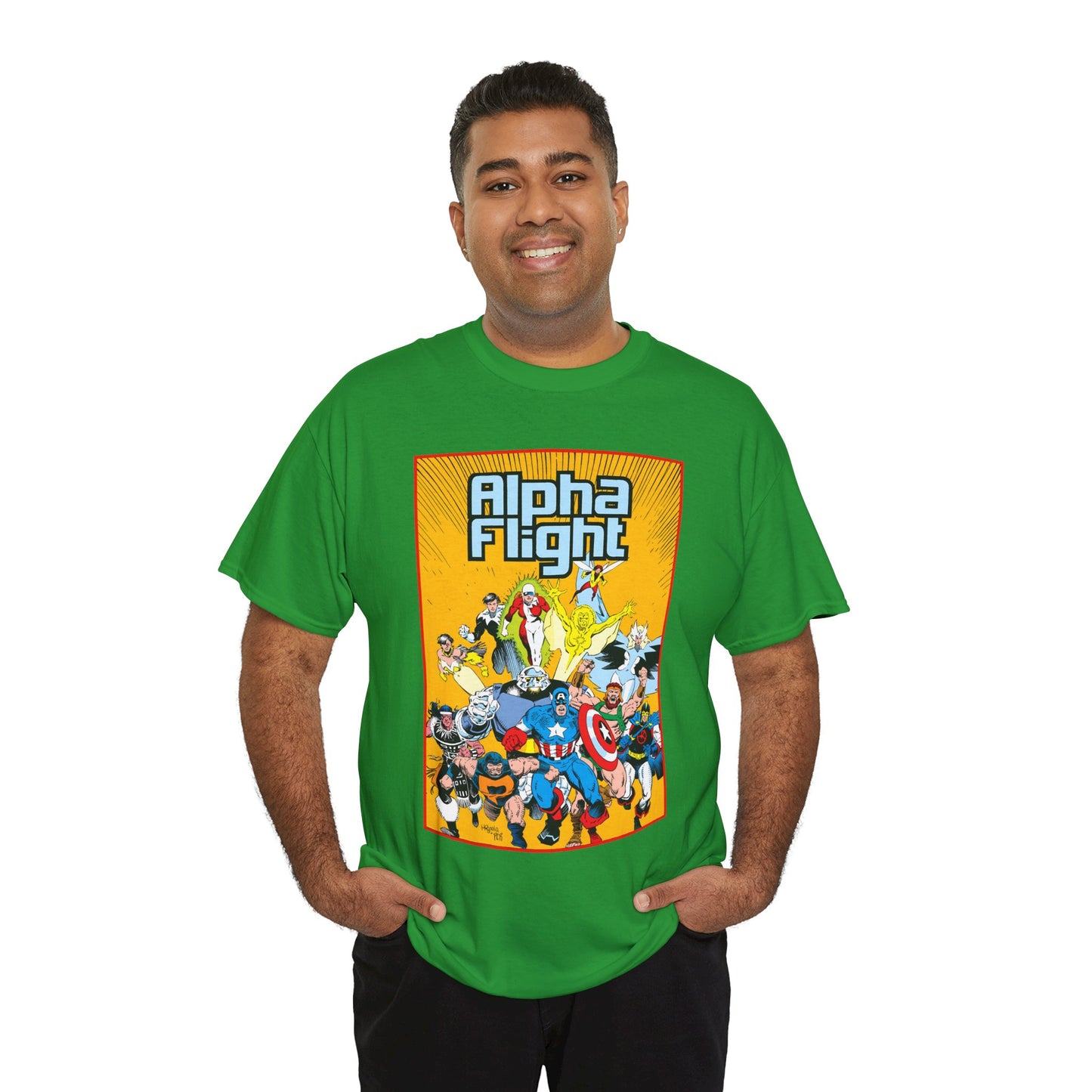 Alpha Flight T-Shirt - Mike Mignola Art - Northstar, Aurora, Snowbird, Shaman, Puck - Avengers: Captain America, Captain Marvel, Hercules, Black Knight - Marvel Comics