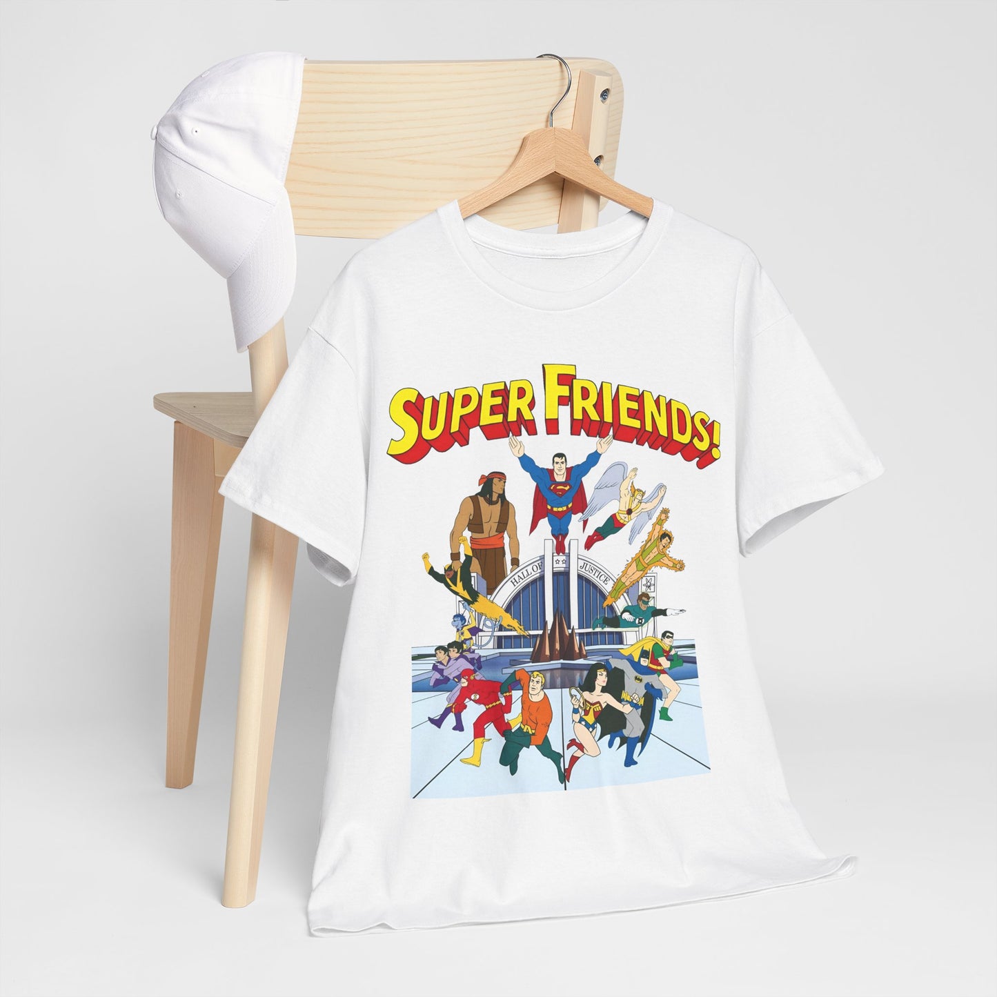 Super Friends T-Shirt - DC Hanna-Barbera - Superman, Wonder Woman, Black Vulcan, Batman, The Wonder Twins, Apache Chief, Hall of Justice