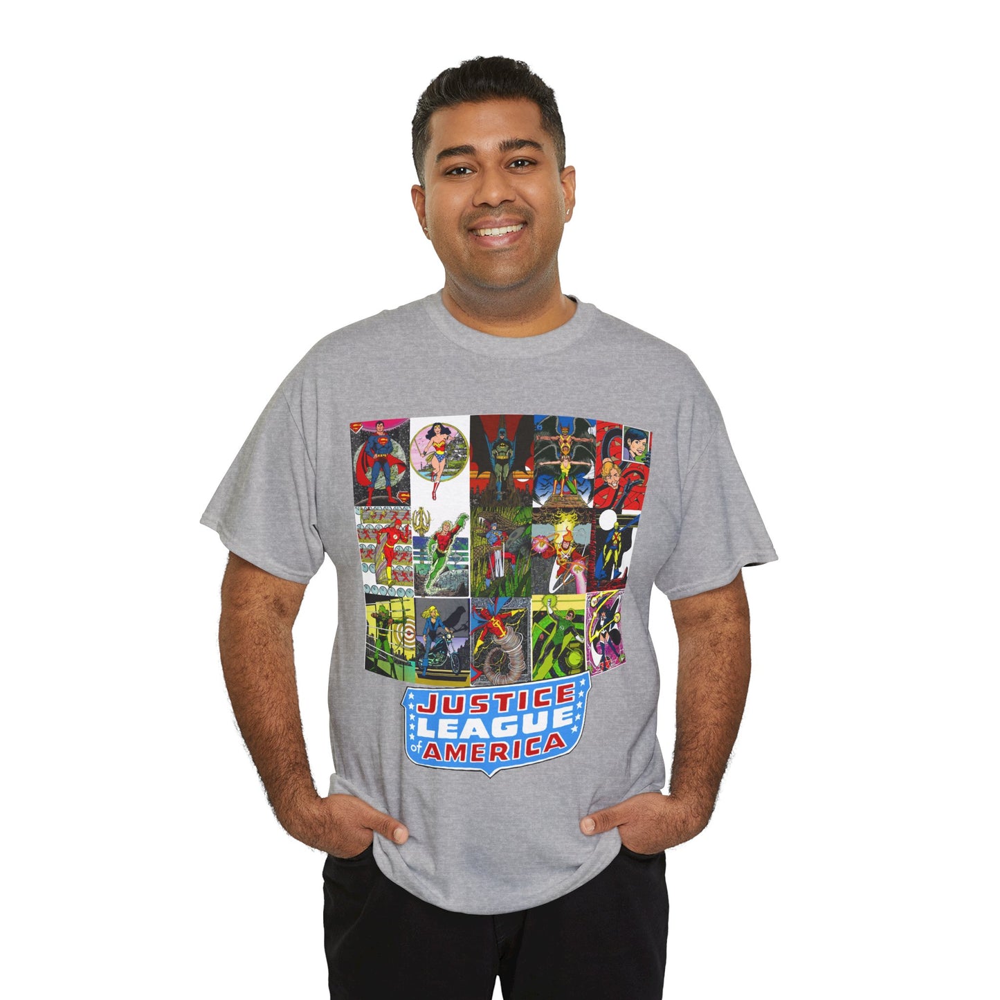 JLA Postcard T-Shirt - George Perez Art - Zatanna, Green Lantern, Flash, Batman, Hawkman, Wonder Woman, Firestorm - Justice League of America - DC Comics