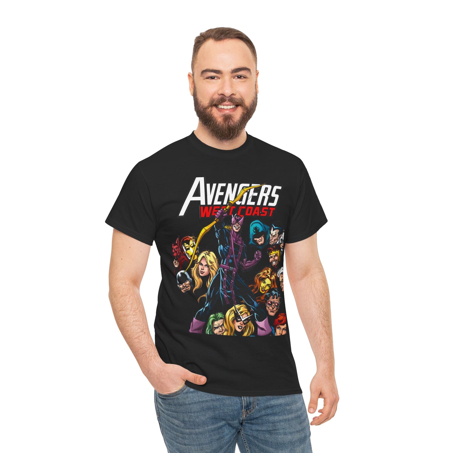 Avengers West Coast T-Shirt - Bob Hall Art - Hawkeye, Iron Man, Wonder Man, Tigra, Mockingbird - Marvel Comics Team