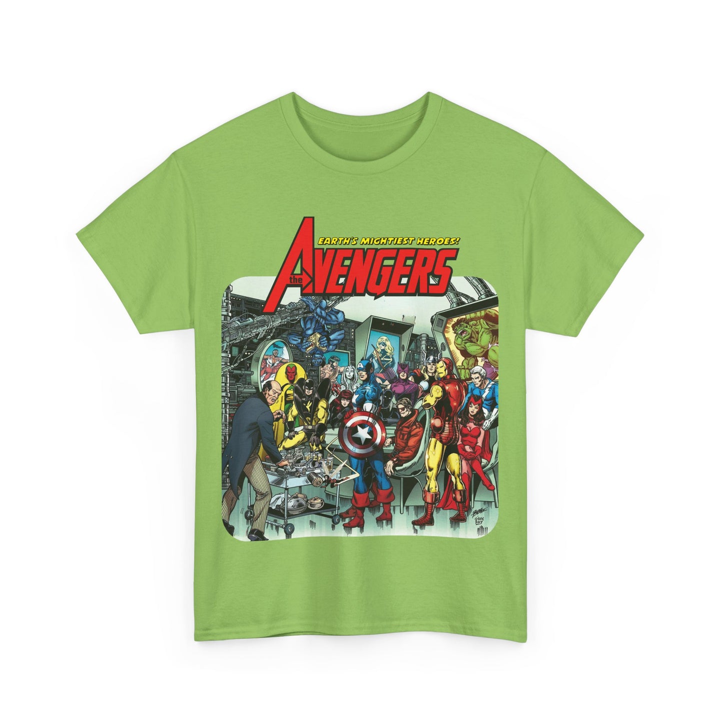 Classic Avengers T-Shirt - George Perez Art - Captain America, Hawkeye, Iron Man, Vision, Scarlet Witch, Quicksilver, Jarvis - Marvel Comics