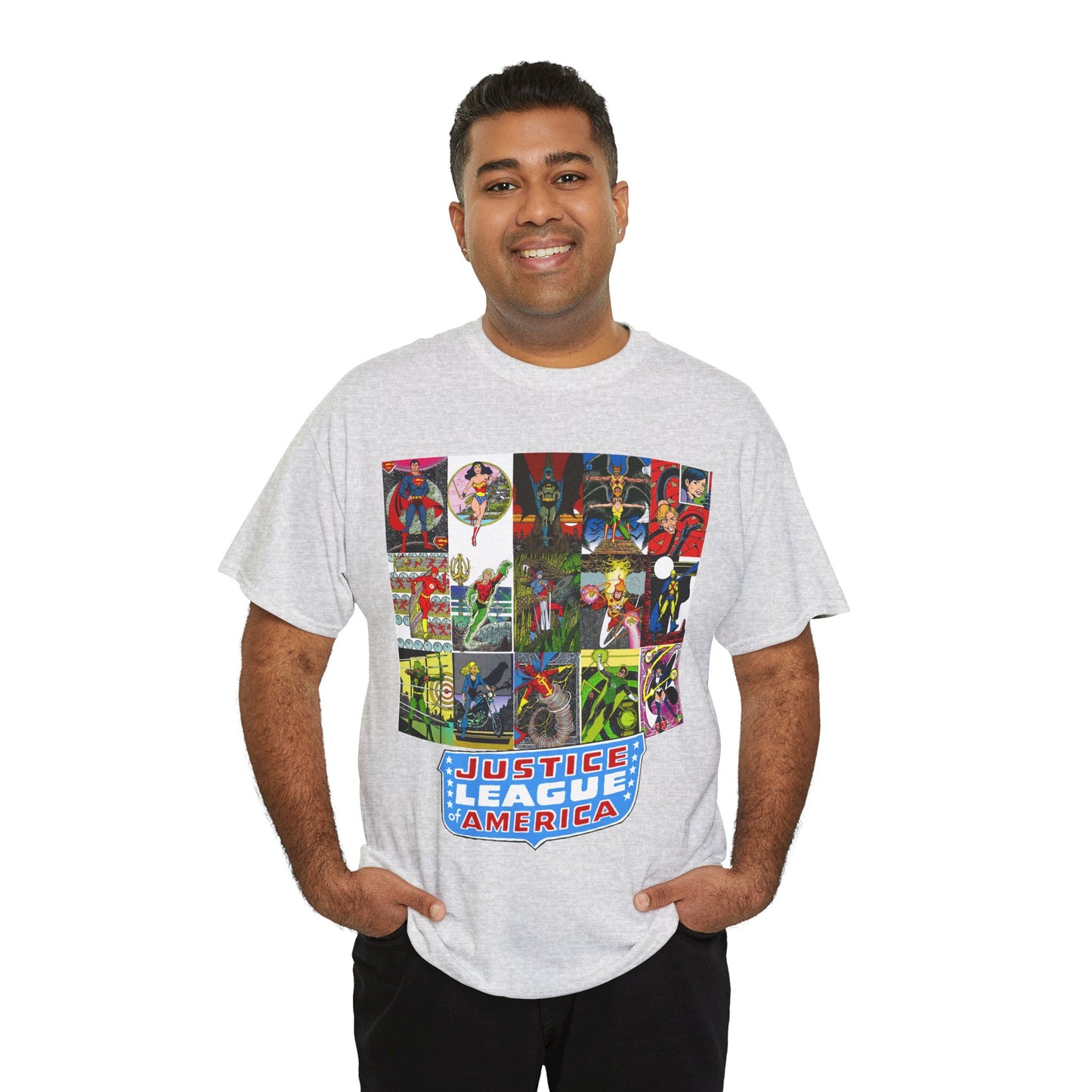 JLA Postcard T-Shirt - George Perez Art - Zatanna, Green Lantern, Flash, Batman, Hawkman, Wonder Woman, Firestorm - Justice League of America - DC Comics