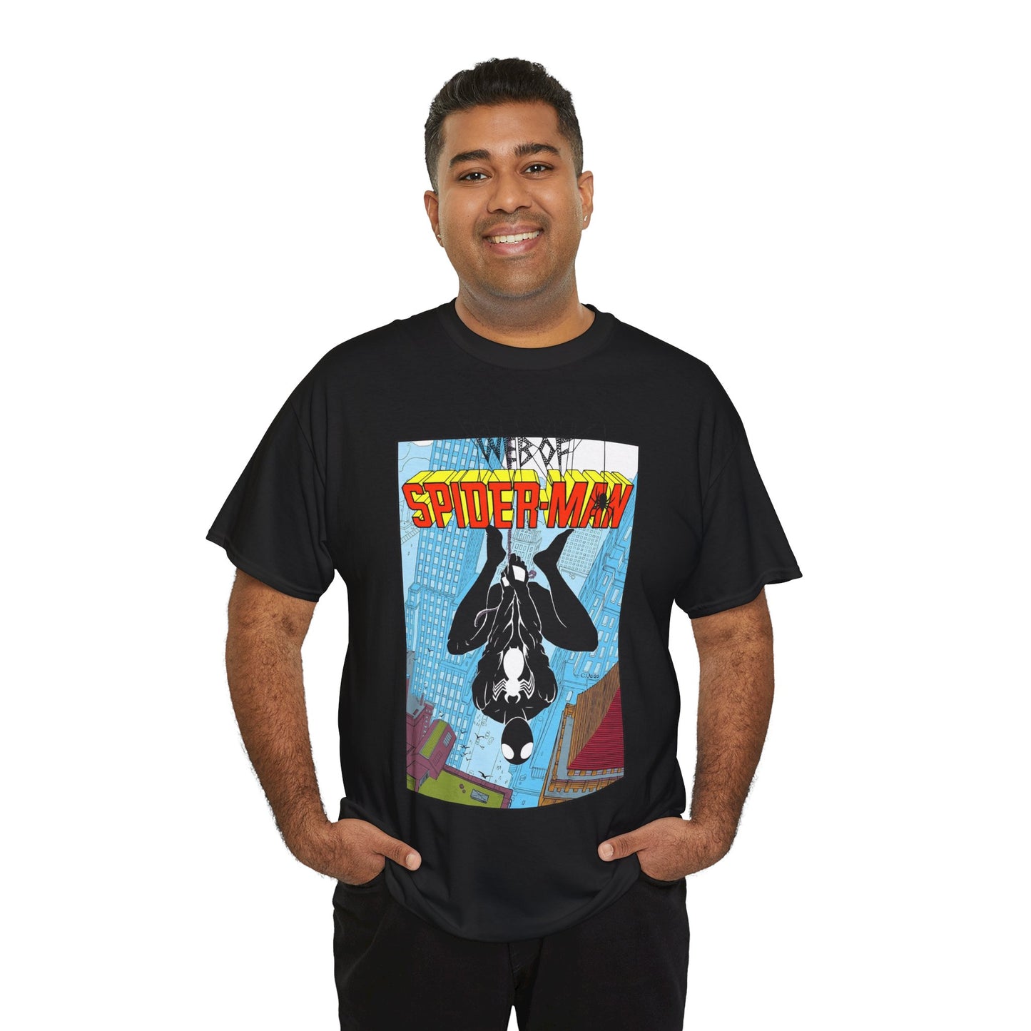 Web of Spider-Man T-Shirt - Charles Vess Art - Peter Parker, Web Slinger - Manhattan Skyline - Spidey Black Suit - Marvel Comics