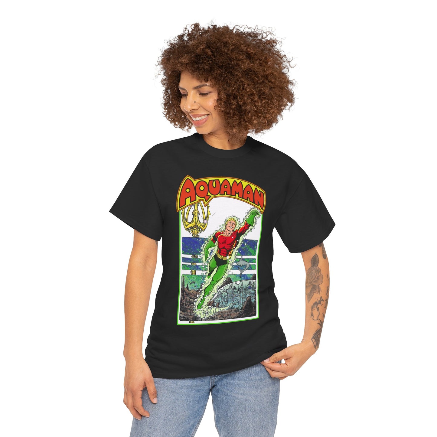 Aquaman T-Shirt - George Perez Art -Justice League 1980s Postcard Series - Arthur Curry - King of Atlantis - JLA - DC Comics