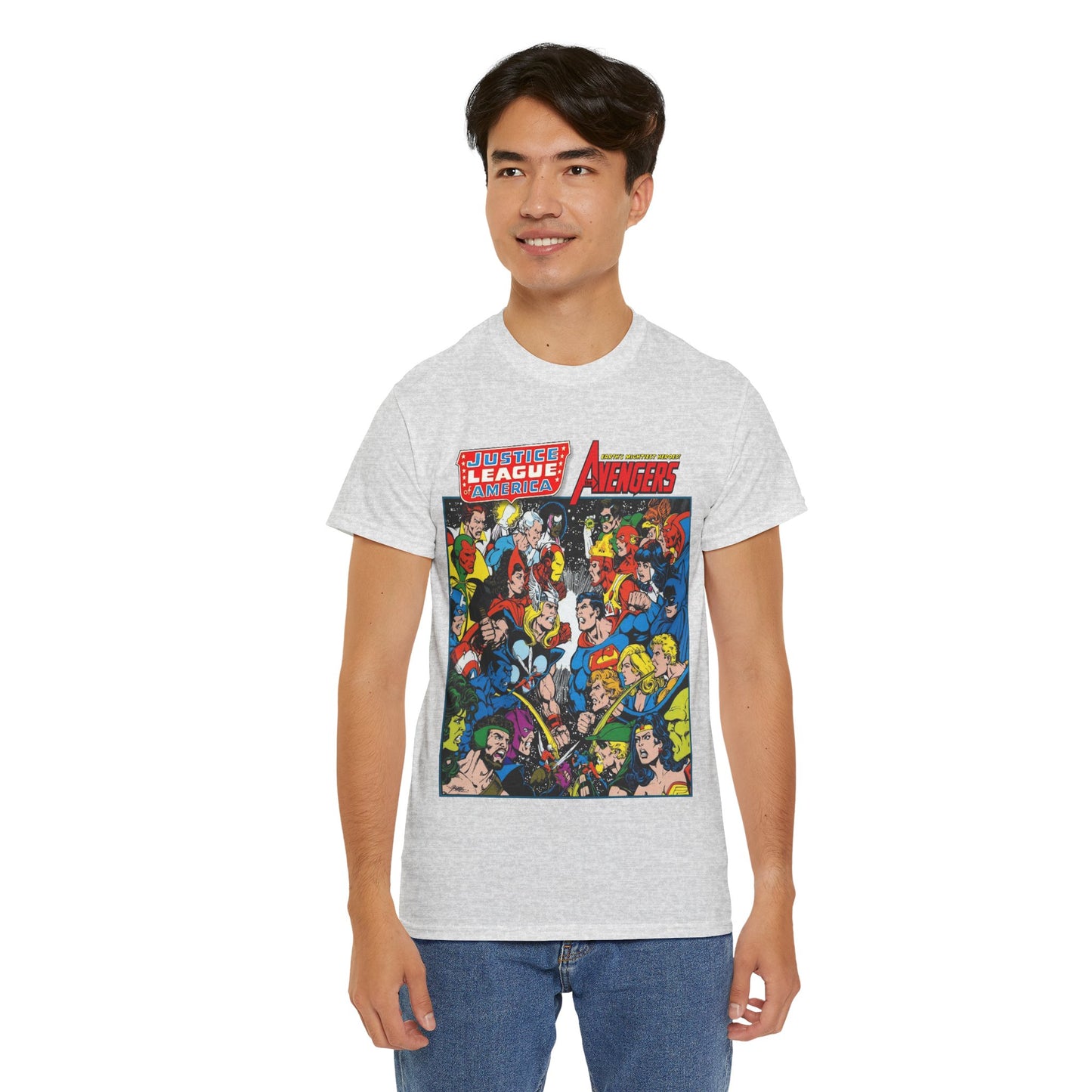 Justice League/Avengers T-Shirt - DC & Marvel Comics Art - George Perez - JLA - Batman, Captain America, Iron Man, Green Lantern