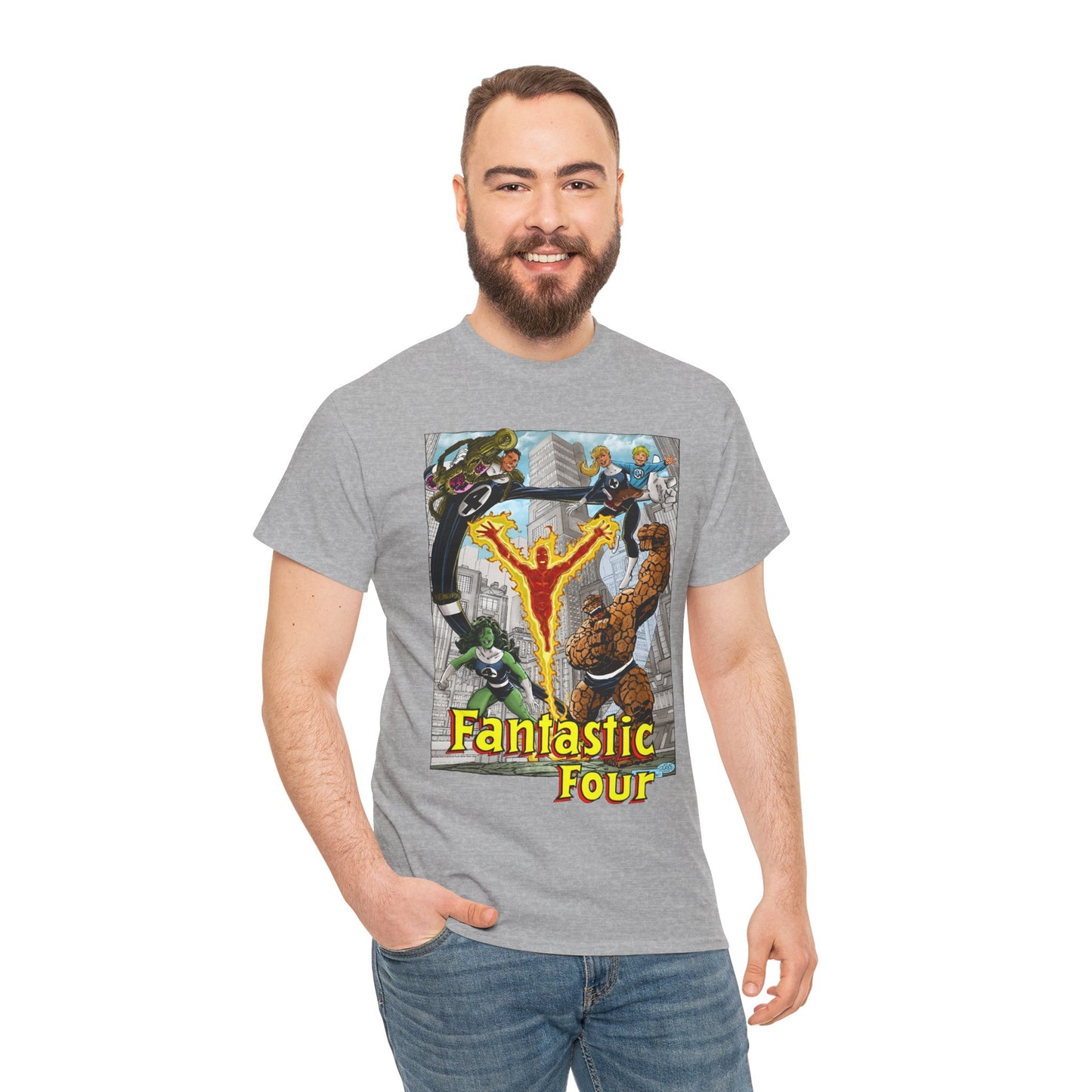 Fantastic Four T-Shirt - John Byrne Art - She-Hulk, Invisible Woman, Thing, Reed Richards, Human Torch - Baxter Building - Marvel Comics