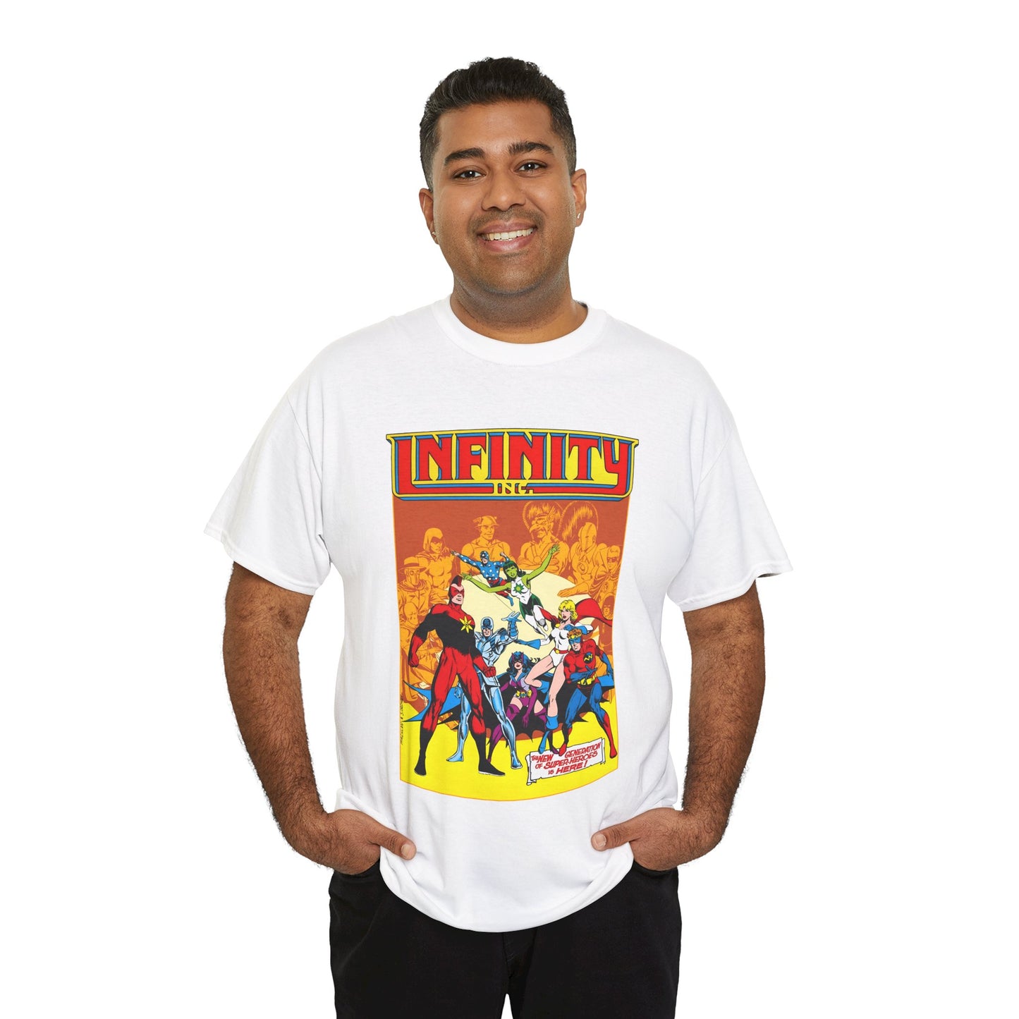 Infinity, Inc T-Shirt - Jerry Ordway Art - Silver Scarab, Huntress, Power Girl, Star-Spangled Kid, Fury, Jade - DC Comics - 1980s JSA Spin-Off Series