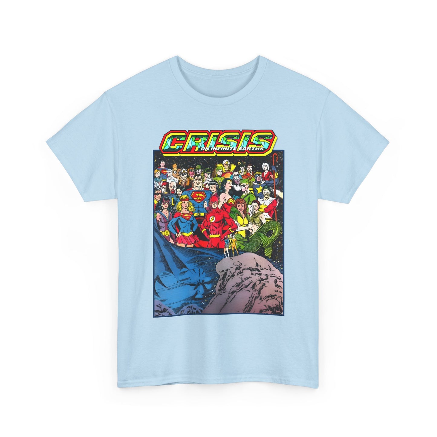 Crisis on Infinite Earths T-Shirt - George Perez Art - Supergirl, Flash, Huntress, Starman, Earth 3 Luthor, Lori Lemaris, Aquagirl, Earth 2 Robin - DC Comics