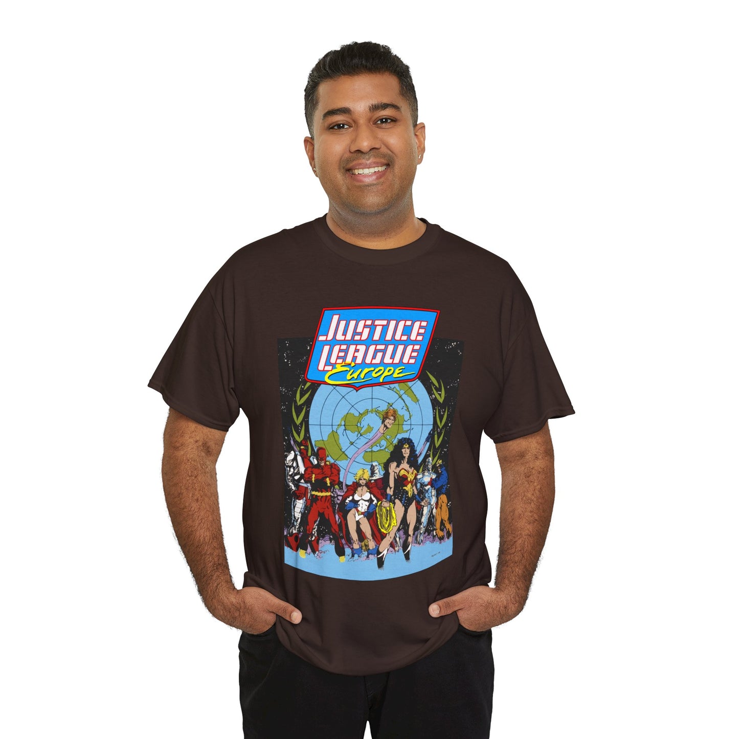 Justice League Europe T-Shirt - Bart Sears Art - Wonder Woman, Flash, Captain Atom, Animal Man, Elongated Man, Power Girl, Metamorpho - JLI Spin-Off - DC Comics