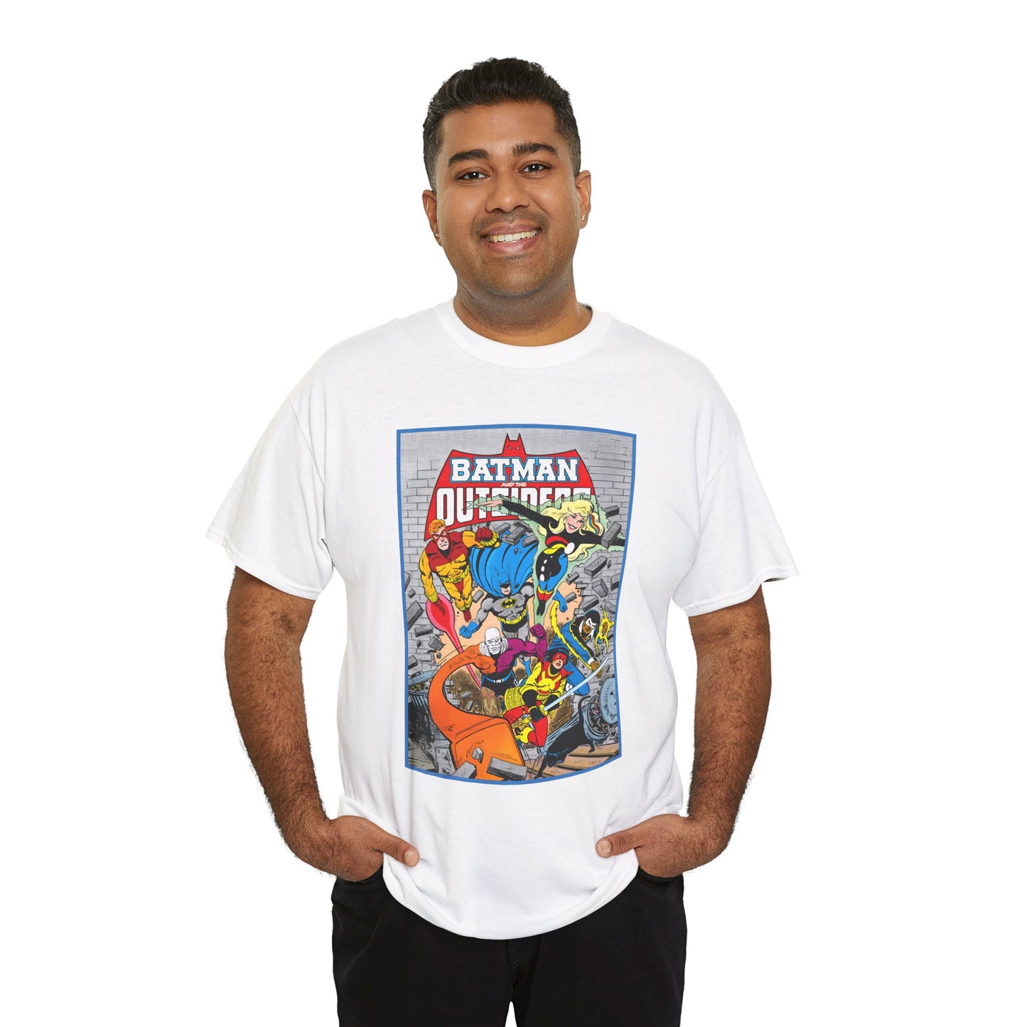 Batman & the Outsiders T-Shirt - Jim Aparo Art - Katana, Geo-Force, Black Lightning, Metamorpho, Halo - DC Comics - 1980s JLA Spin-Off Series