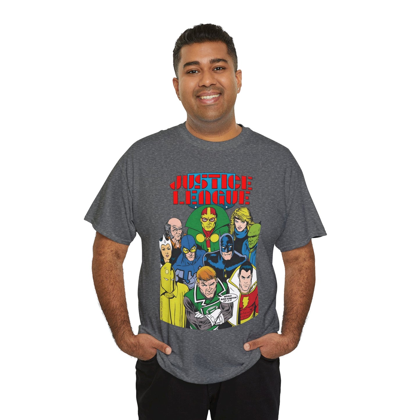 Justice League International T-Shirt - Kevin Maguire Art - JLI - DC Comics - Blue Beetle, Dr Fate, Batman, Mr Miracle, Martian Manhunter - Guy Gardner
