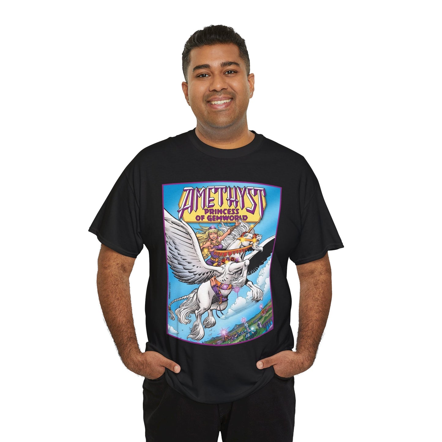 Amethyst Princess of Gemworld T-Shirt - George Perez Art - DC Comics 1980s Series - Riding a Unicorn