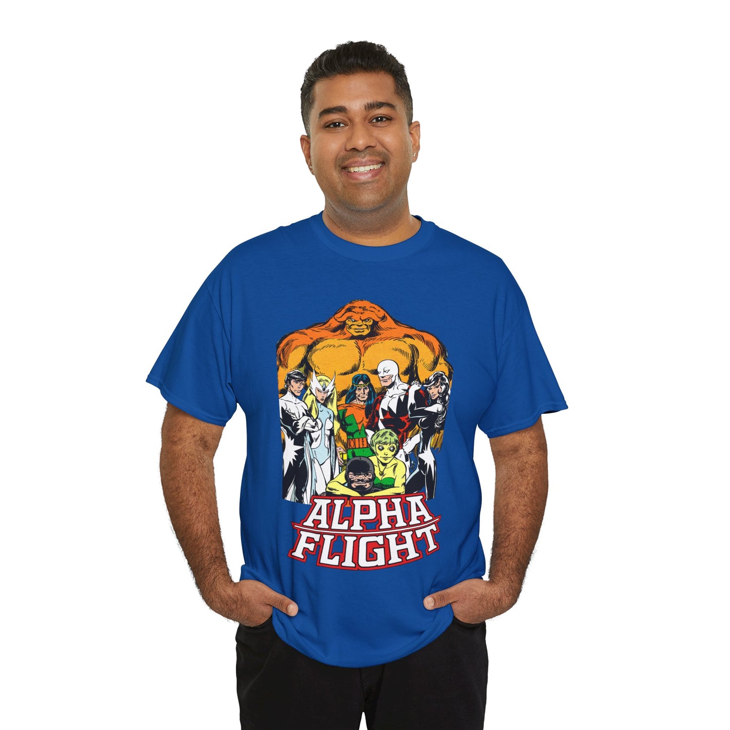 Alpha Flight T-Shirt - John Byrne Art - Northstar, Aurora, Guardian, Puck, Snowbird, Shaman, Sasquatch - Canada's Superhero Team - X-Men Connection - Marvel Comics