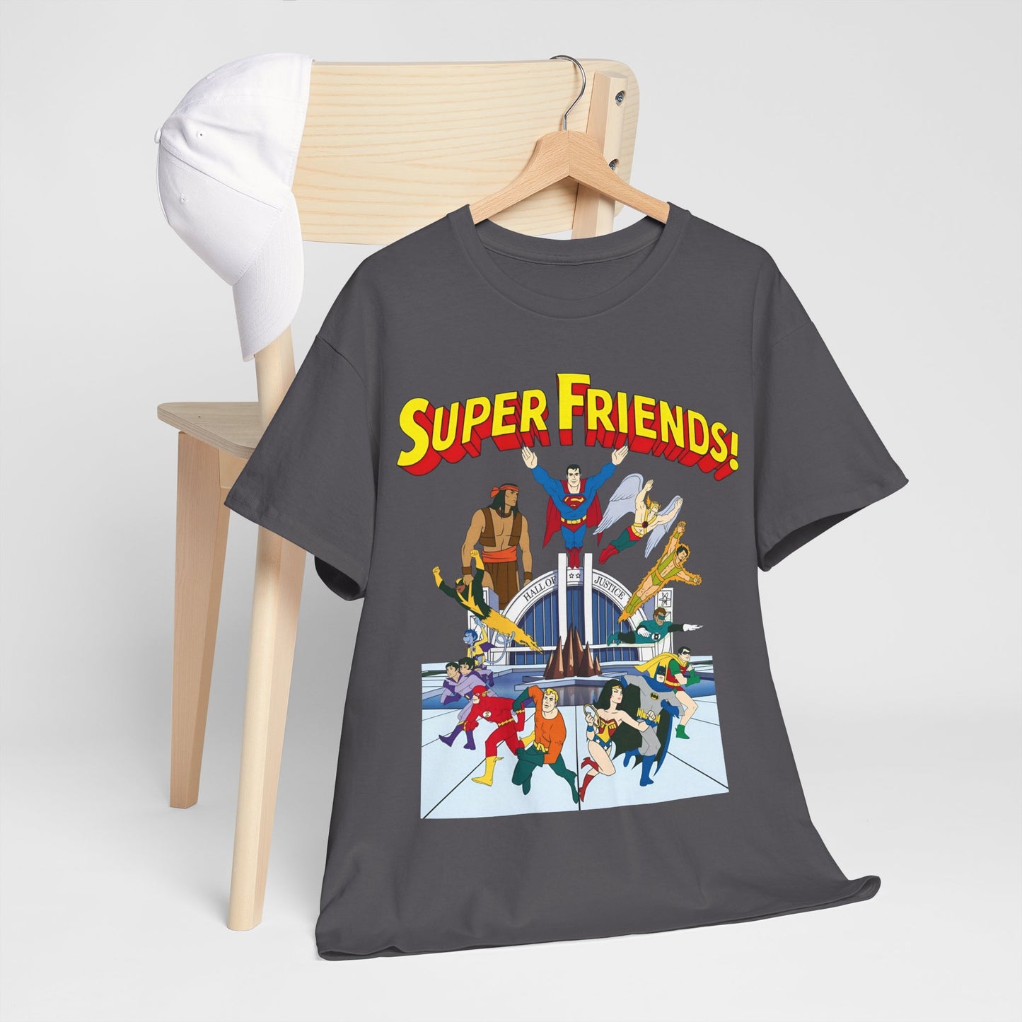 Super Friends T-Shirt - DC Hanna-Barbera - Superman, Wonder Woman, Black Vulcan, Batman, The Wonder Twins, Apache Chief, Hall of Justice