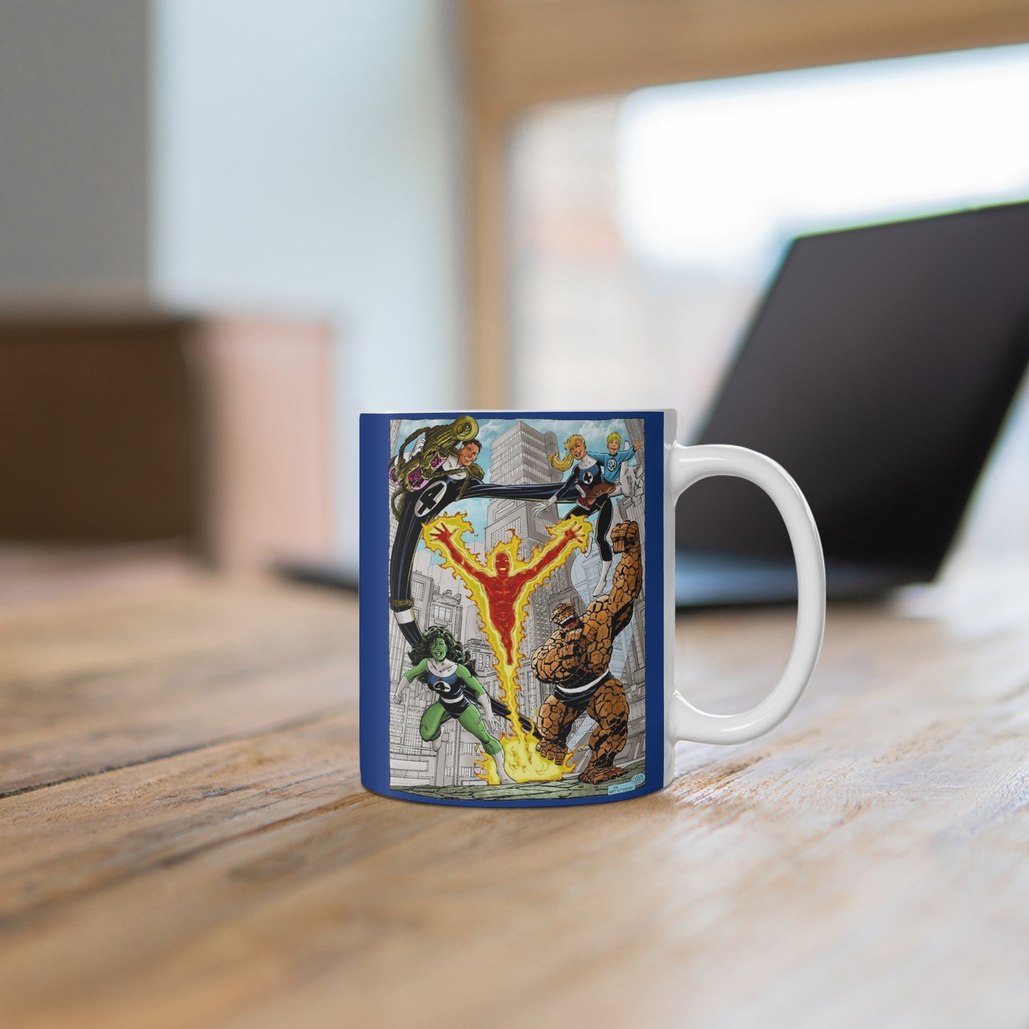 Fantastic Four Coffee Mug, 11oz - John Byrne Art - Marvel Comics - Human Torch, Reed Richards, Invisible Woman, The Thing, She-Hulk