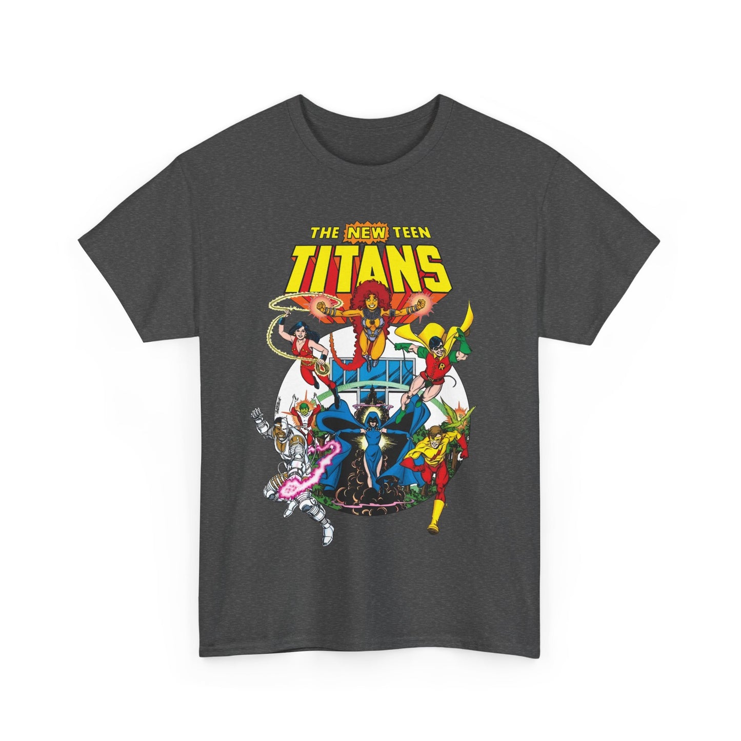 New Teen Titans T-Shirt - Classic George Perez Art - Cyborg, Raven, Starfire, Robin, Wonder Girl, Changeling, Kid Flash - Titans Tower - Popular DC Comics 1980s Series