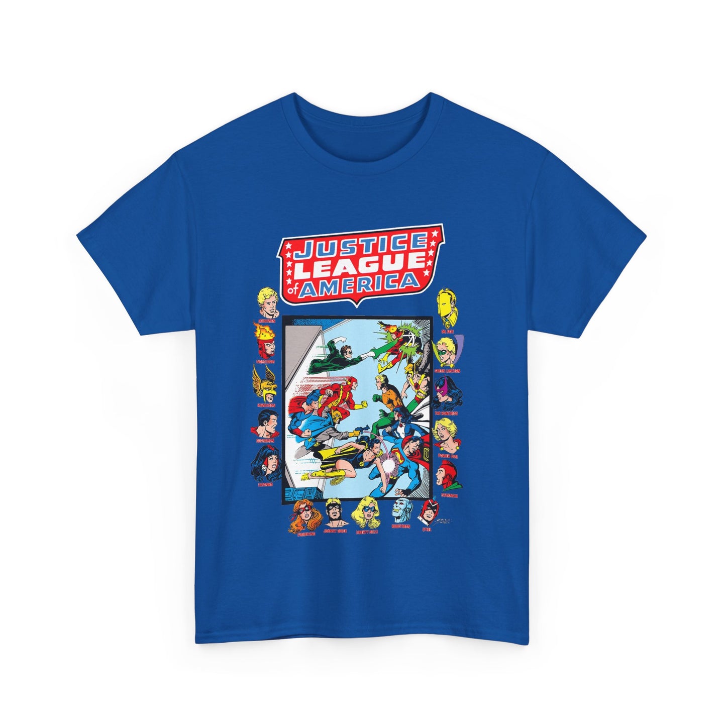 JLA & JSA T-Shirt - George Perez Art - All-Star Squadron - Firestorm, Huntress, Starman, Zatanna, Liberty Belle, Superman, Robotman, Firebrand, Dr Fate - DC Comics