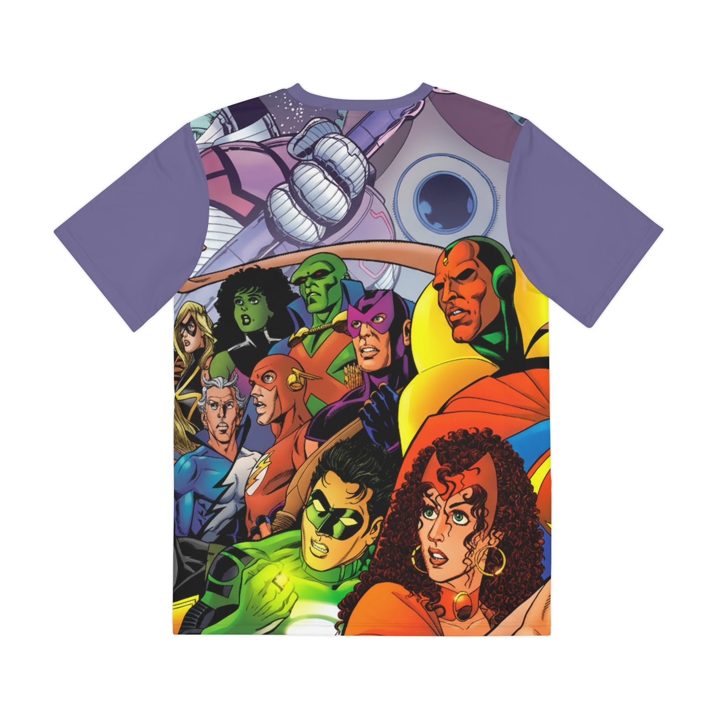 JLA/Avengers All Over Print Tee (Polyester) - George Perez Art - Thor, Wonder Woman, Scarlet Witch, Superman, Batman - DC Comics, Marvel (IMPROVED PLACEMENT AND PRINTING TECHNIQUES)