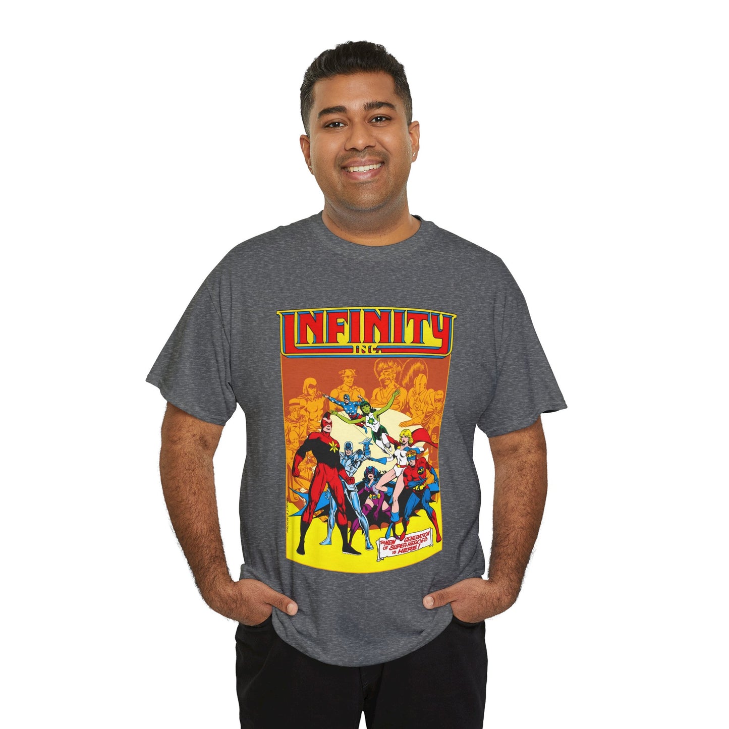 Infinity, Inc T-Shirt - Jerry Ordway Art - Silver Scarab, Huntress, Power Girl, Star-Spangled Kid, Fury, Jade - DC Comics - 1980s JSA Spin-Off Series