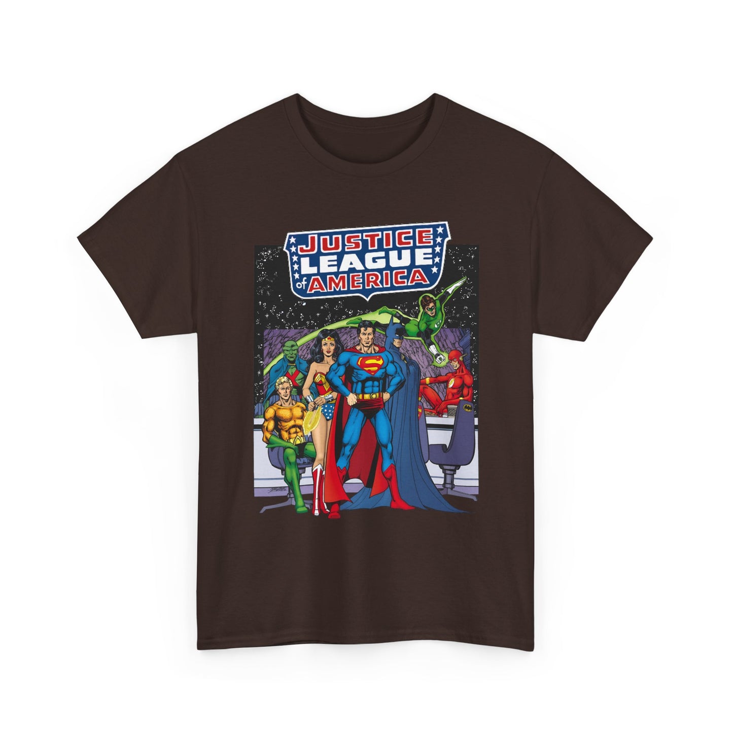 Justice League T-Shirt - George Perez Art - JLA Satellite Era - Superman, Wonder Woman, Green Lantern, Batman, Flash, Aquaman, Martian Manhunter - DC Comics