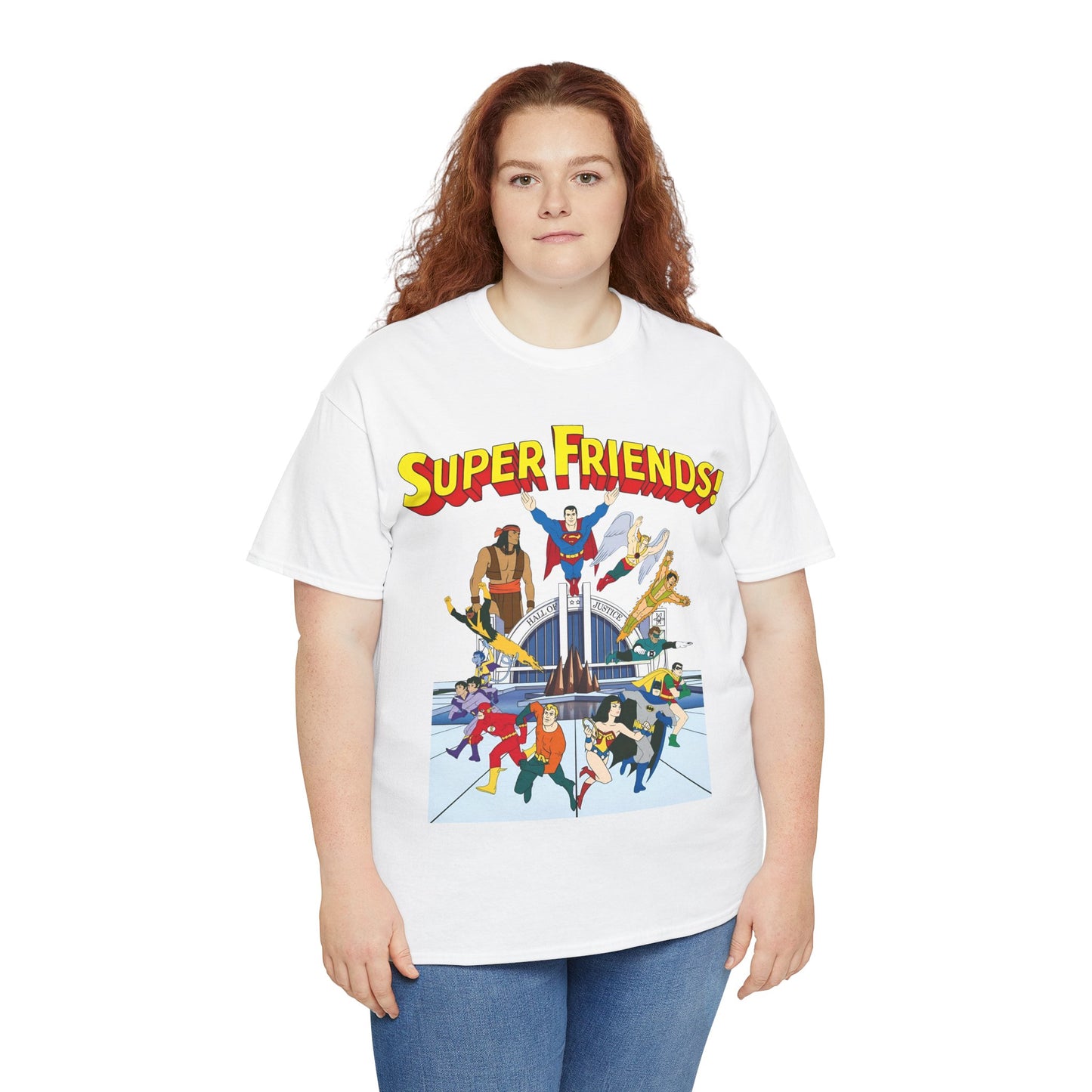 Super Friends T-Shirt - DC Hanna-Barbera - Superman, Wonder Woman, Black Vulcan, Batman, The Wonder Twins, Apache Chief, Hall of Justice