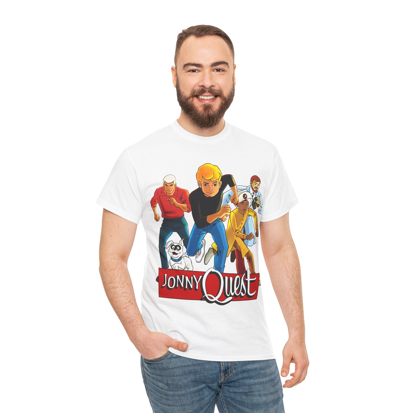 Jonny Quest T-Shirt - Popular Hanna-Barbera Cartoon Characters from the 1960s Adventure TV Show - Dr Benton, Hadji, Race Bannon, Bandit the Dog