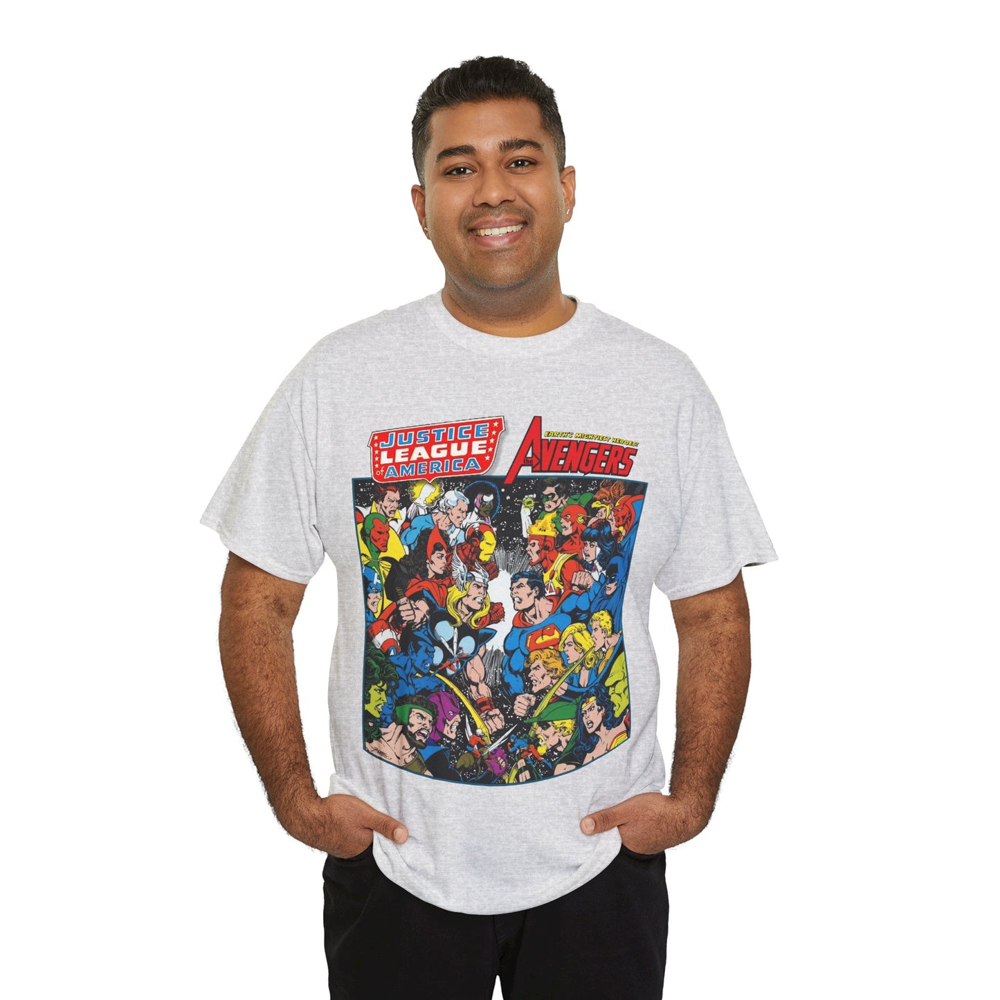 Justice League/Avengers T-Shirt - DC & Marvel Comics Art - George Perez - JLA - Batman, Captain America, Iron Man, Green Lantern