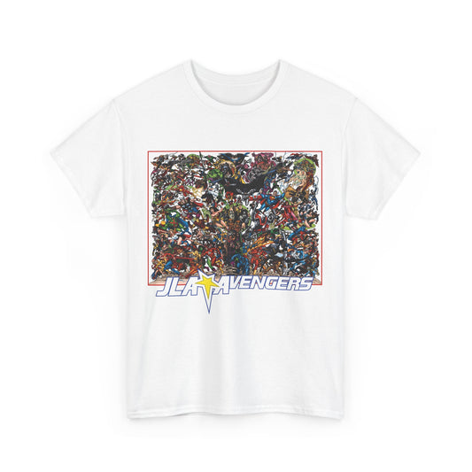 JLA Vs Avengers T-Shirt - Stunning, Classic George Perez Art - DC & Marvel 200s Crossover - Superman, Thor, Wonder Woman, Captain America, Flash, Black Panther, Iron Man, Batman