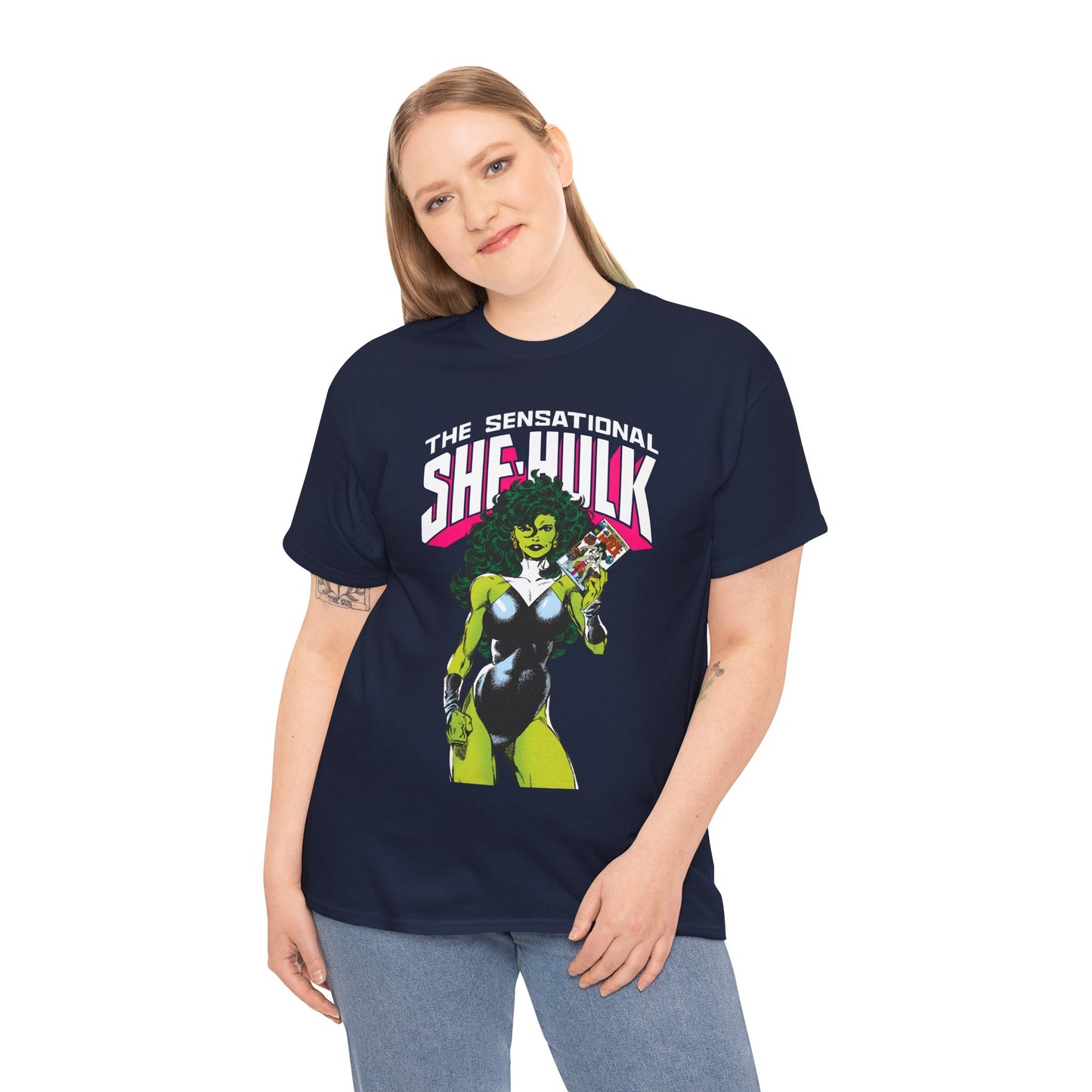 Sensational She-Hulk T-Shirt - Classic John Byrne Art - Jennifer Walters, Hulk's Cousin - Marvel Comics - Popular 1980s Series - "Rip Up Your X-Men!"