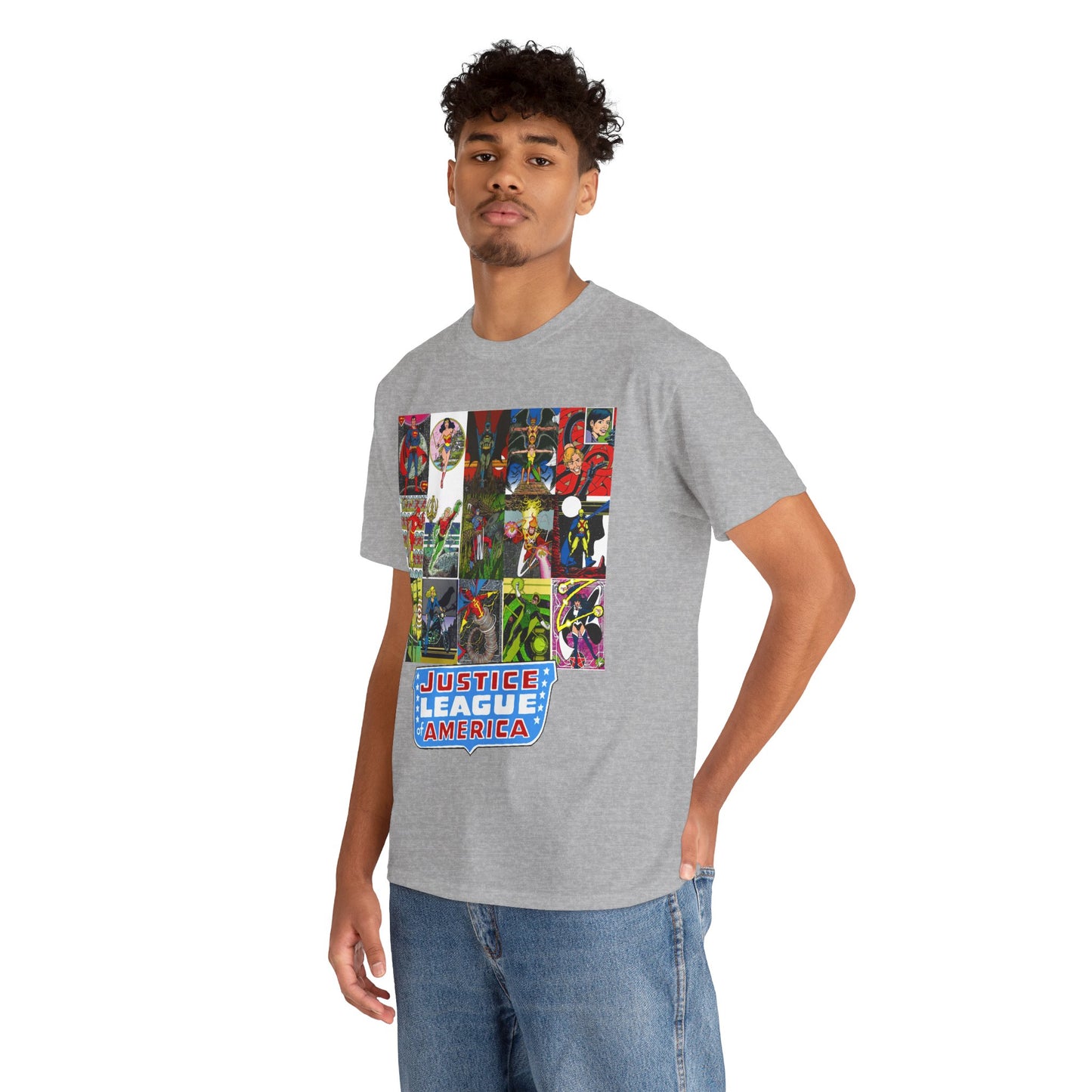 JLA Postcard T-Shirt - George Perez Art - Zatanna, Green Lantern, Flash, Batman, Hawkman, Wonder Woman, Firestorm - Justice League of America - DC Comics
