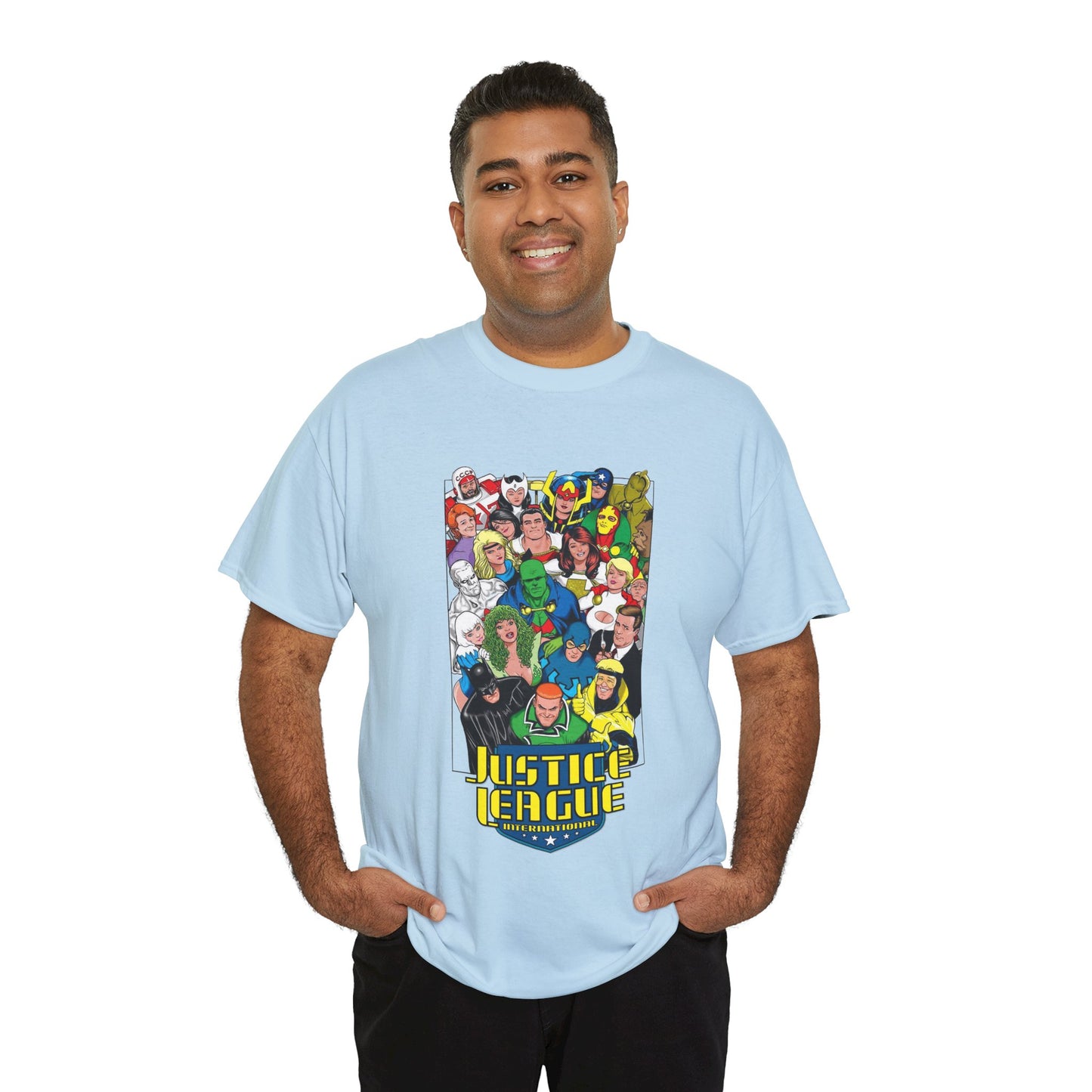 Justice League International T-Shirt - DC Comics - JLI - Kevin Maguire Art - Blue Beetle, Booster Gold, Martian Manhunter, Captain Atom