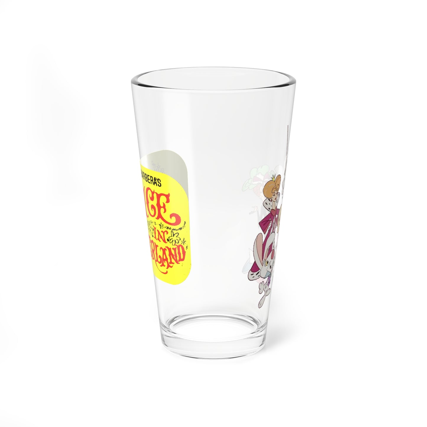 Alice in Wonderland Pint Glass, 16oz - Hanna-Barbera Cartoon 1960s Musical TV Movie - What's a Nice Kid like You Doing in a Place like This? - White Rabbit, Queen of Hearts