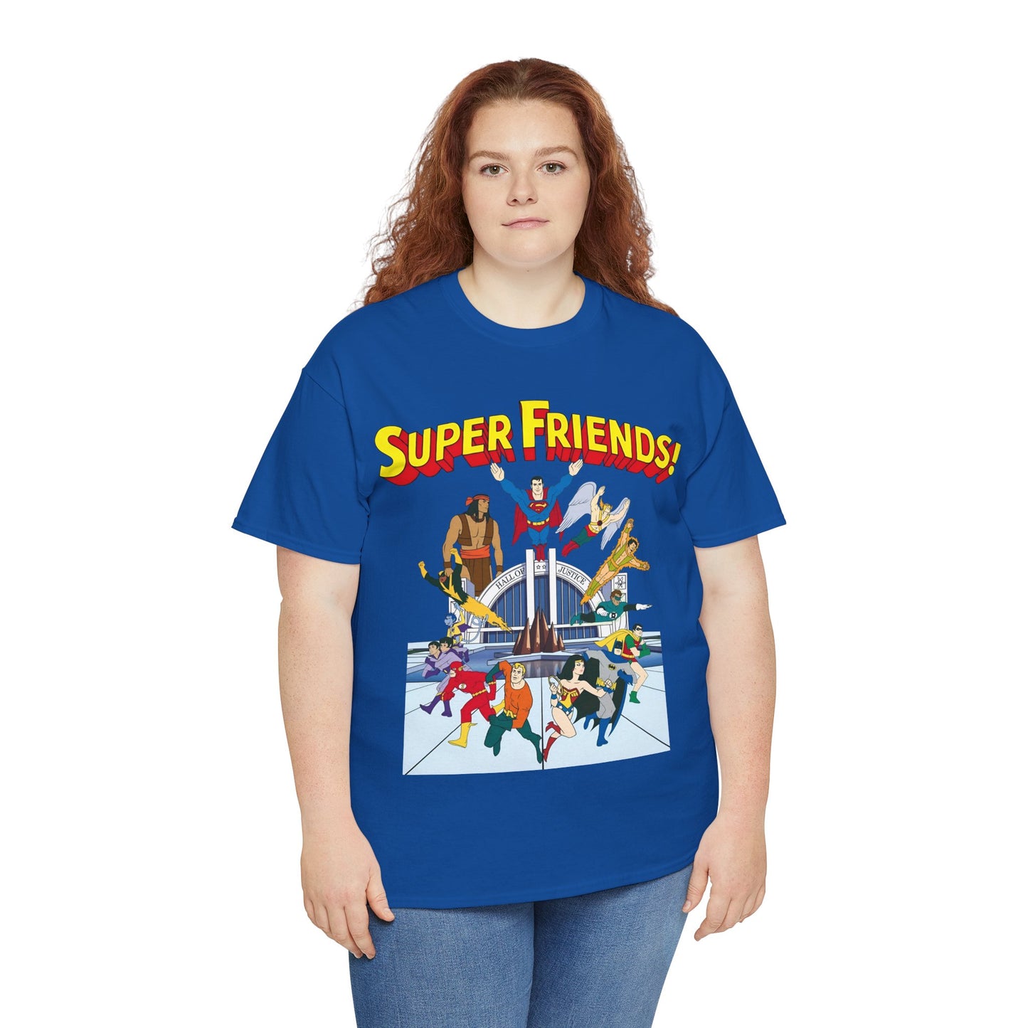 Super Friends T-Shirt - DC Hanna-Barbera - Superman, Wonder Woman, Black Vulcan, Batman, The Wonder Twins, Apache Chief, Hall of Justice
