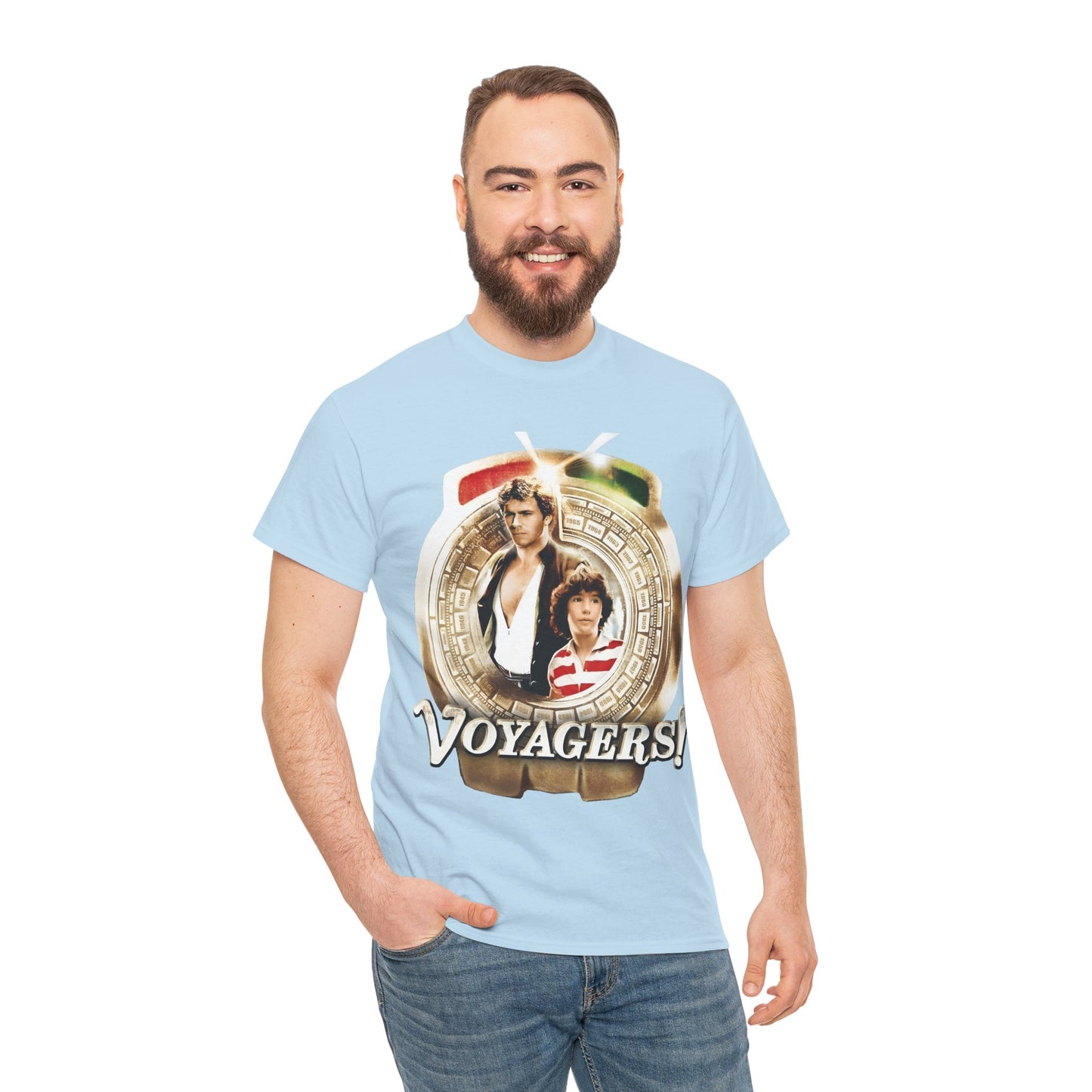 Voyagers T-Shirt - Jon-Erik Hexum, Meeno Peluce - Omni - Popular 1980s Time Travel TV Show - Cult Classic