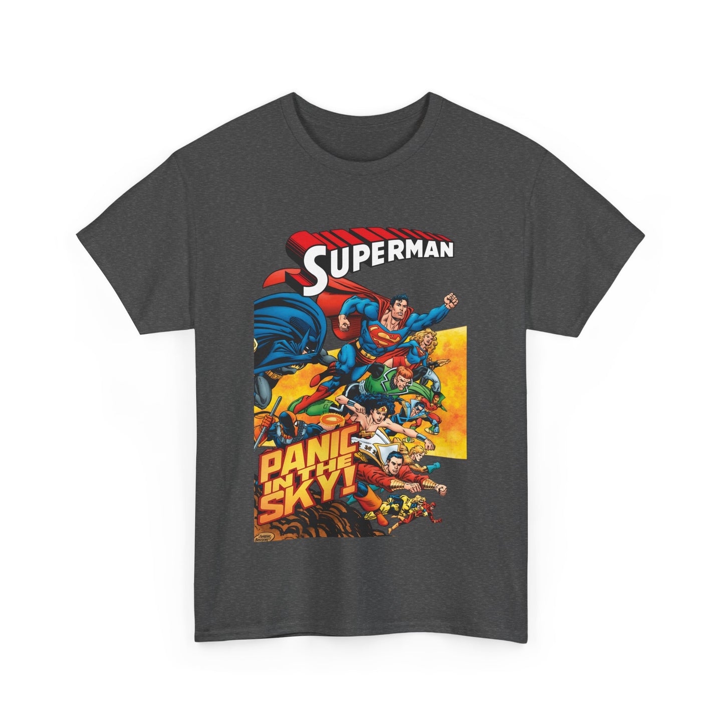 Superman - Panic in the Sky T-Shirt - Dan Jurgens Art - Vs Brainiac & Maxima - Wonder Woman, Booster Gold, Shazam, Batman, Flash, Aquaman, Supergirl - DC Comics