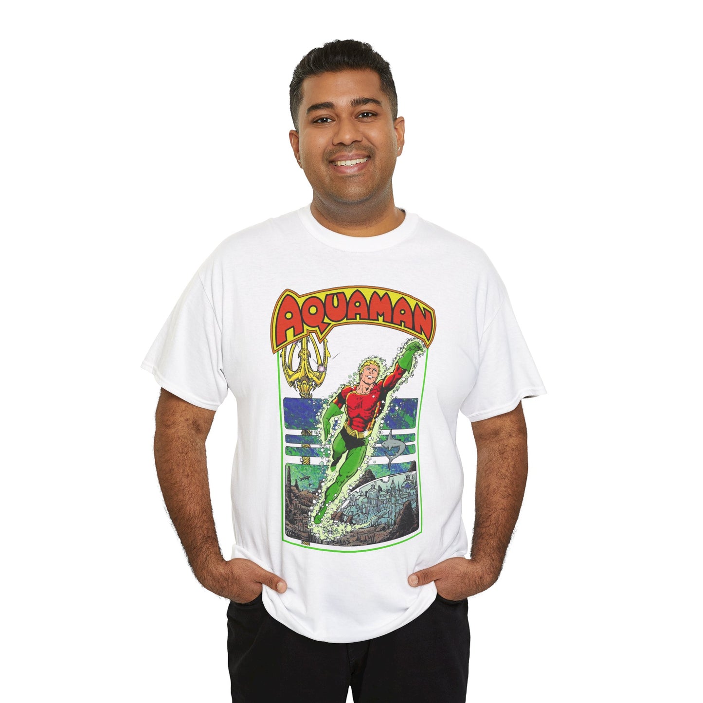 Aquaman T-Shirt - George Perez Art -Justice League 1980s Postcard Series - Arthur Curry - King of Atlantis - JLA - DC Comics