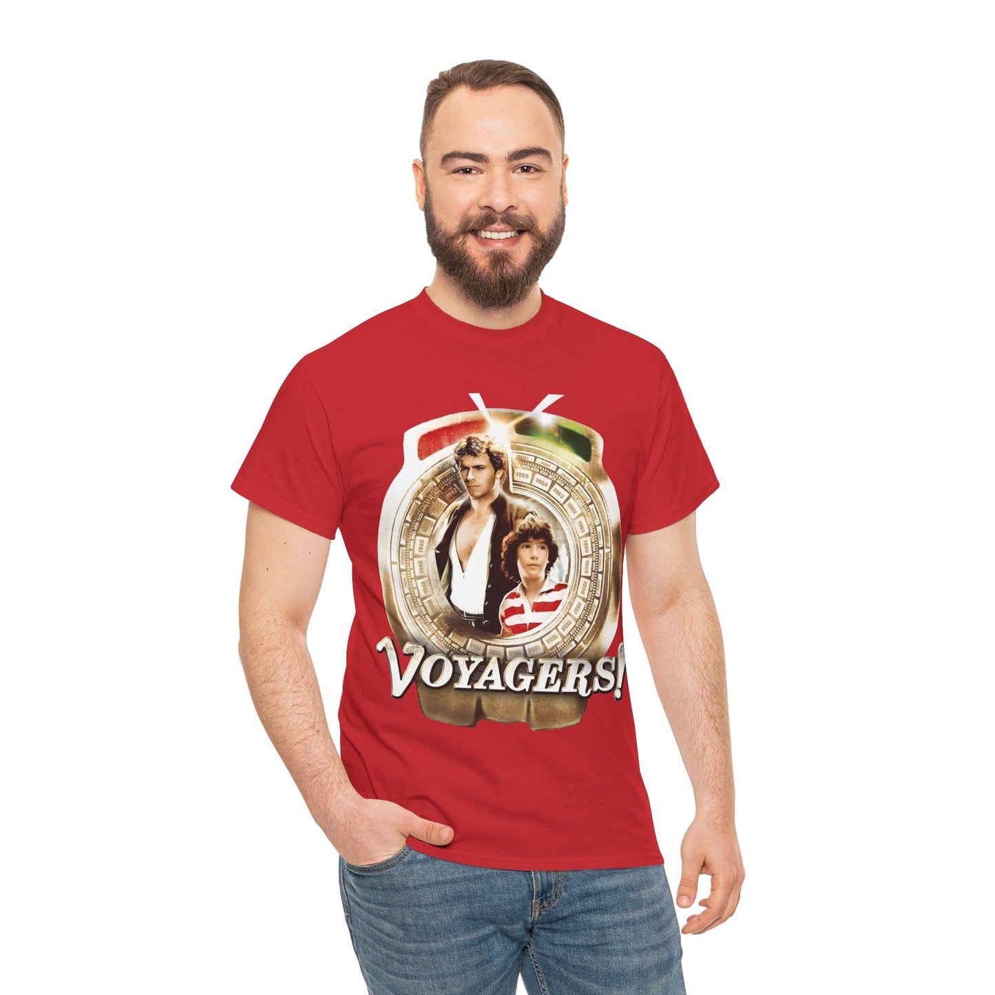 Voyagers T-Shirt - Jon-Erik Hexum, Meeno Peluce - Omni - Popular 1980s Time Travel TV Show - Cult Classic