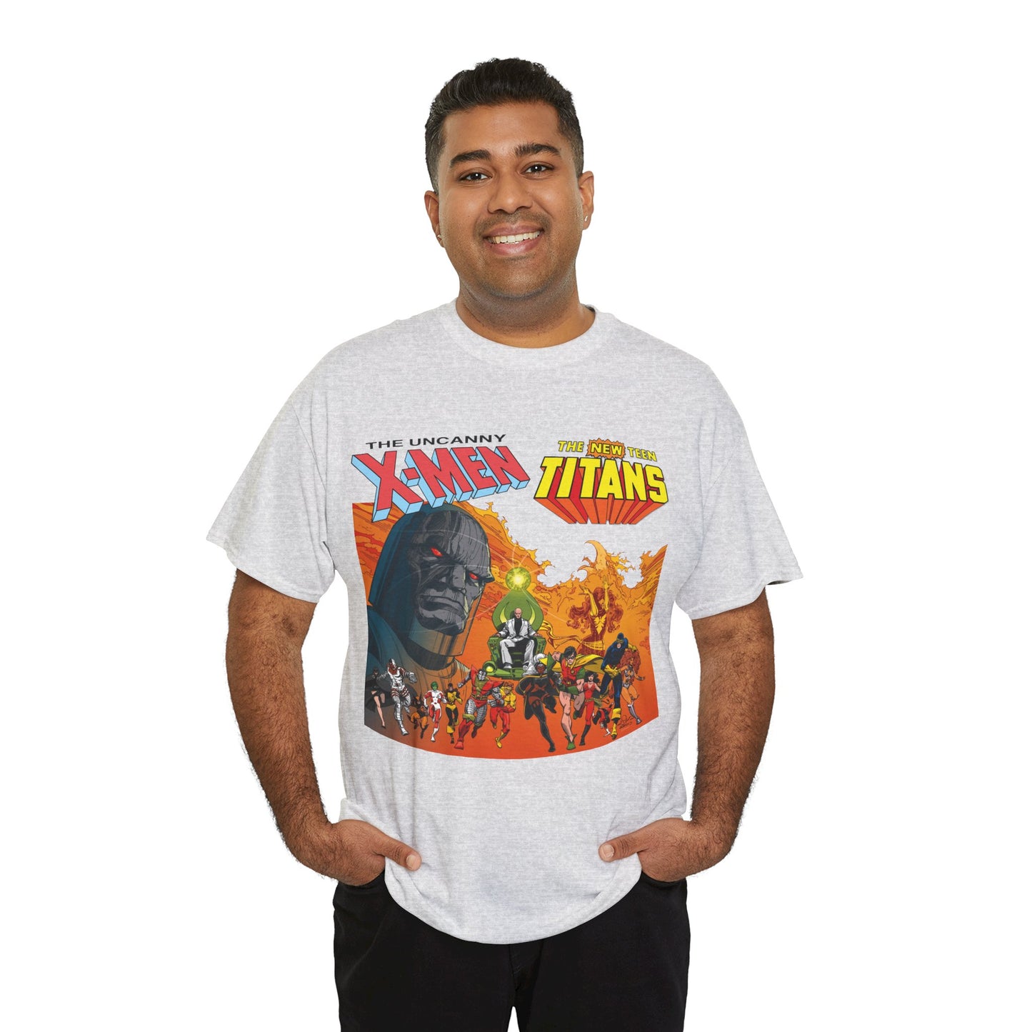 X-Men & New Teen Titans T-Shirt - Walt Simonson Art - Marvel & DC Comics Crossover - Wolverine, Raven, Storm, Cyclops, Robin, Cyborg, Colossus, Dark Phoenix, Darkseid