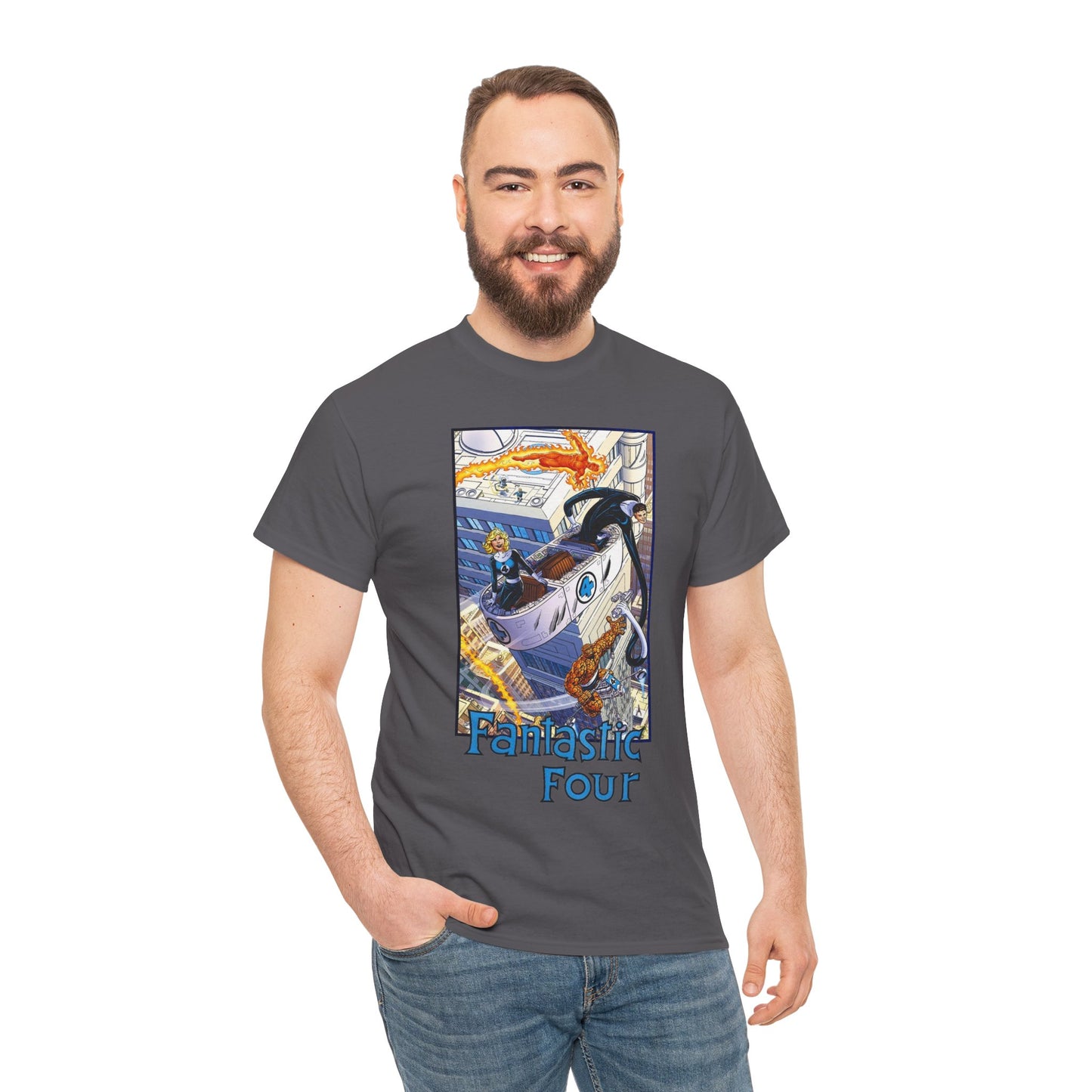 Fantastic Four T-Shirt - John Byrne Art - Invisible Woman, Thing, Human Torch, Reed Richards - Fantasticar, Baxter Building - Marvel Comics
