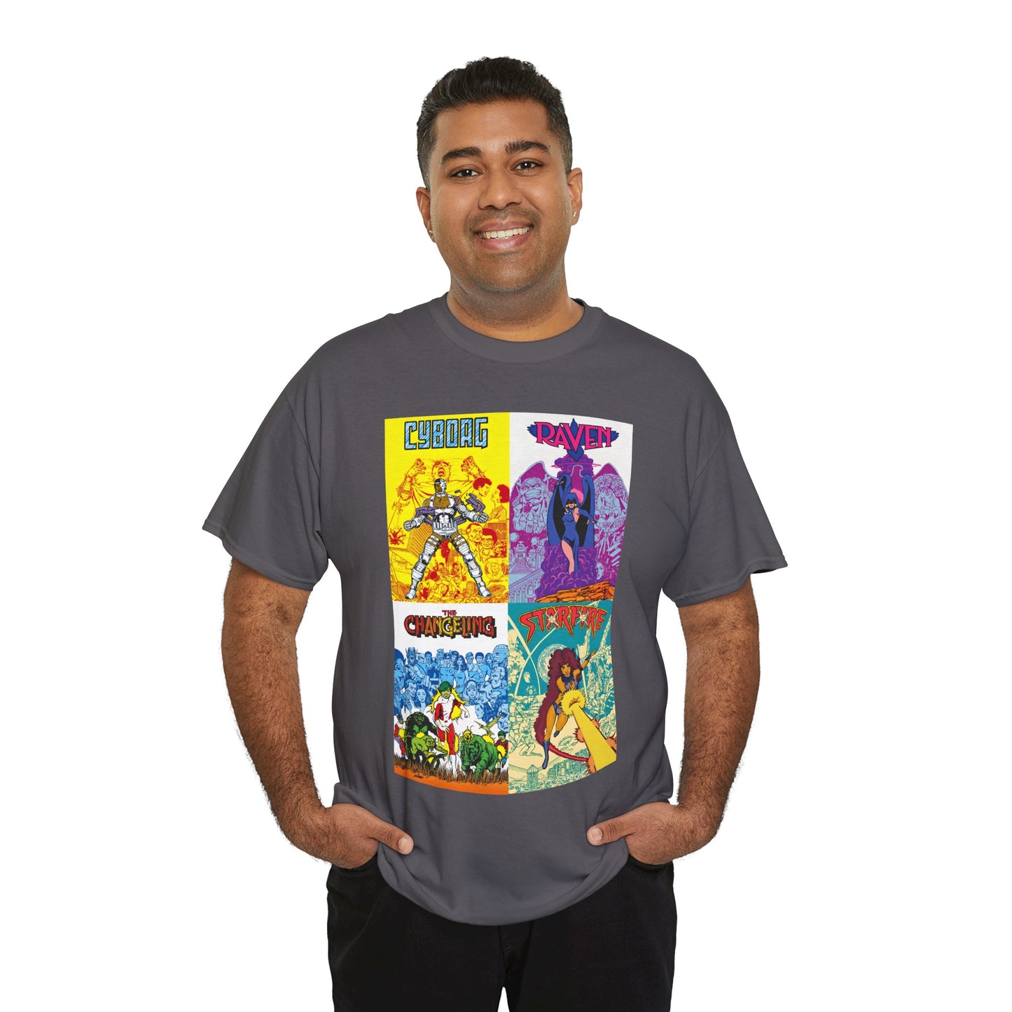 Tales of the New Teen Titans T-Shirt - George Perez Art - Cyborg, Raven, Changeling, Starfire - 1980s Mini-Series Showcasing Their Origins - DC Comics