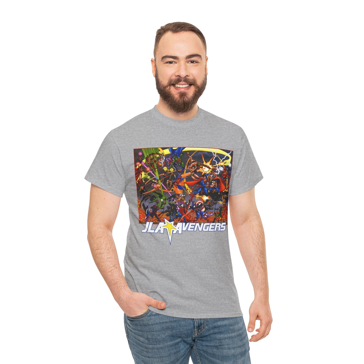 Avengers Vs JLA T-Shirt - Stunning George Perez Art - Marvel & DC Comics Crossover - Thor, Superman, Wonder Woman, Hercules, Iron Man, Batman, Black Canary, Scarlet Witch, Wonder Man, Martian Manhunter