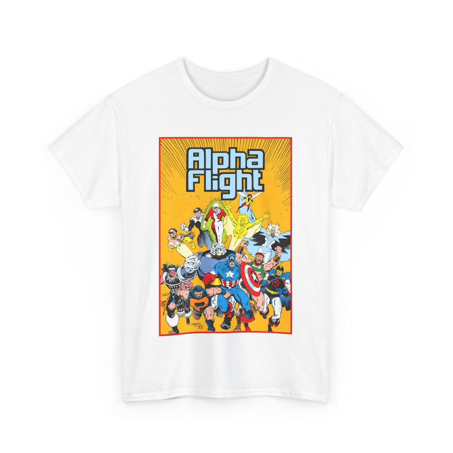 Alpha Flight T-Shirt - Mike Mignola Art - Northstar, Aurora, Snowbird, Shaman, Puck - Avengers: Captain America, Captain Marvel, Hercules, Black Knight - Marvel Comics