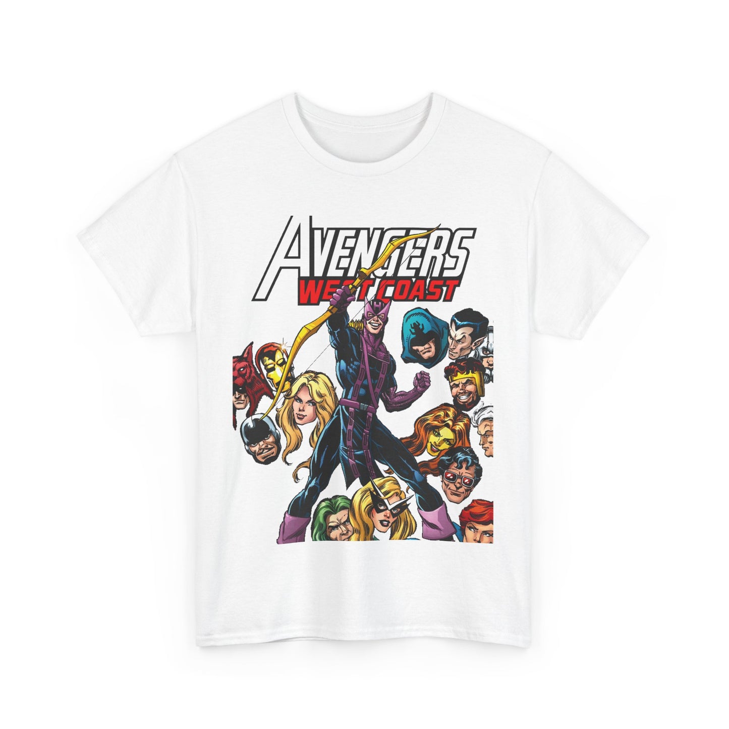Avengers West Coast T-Shirt - Bob Hall Art - Hawkeye, Iron Man, Wonder Man, Tigra, Mockingbird - Marvel Comics Team
