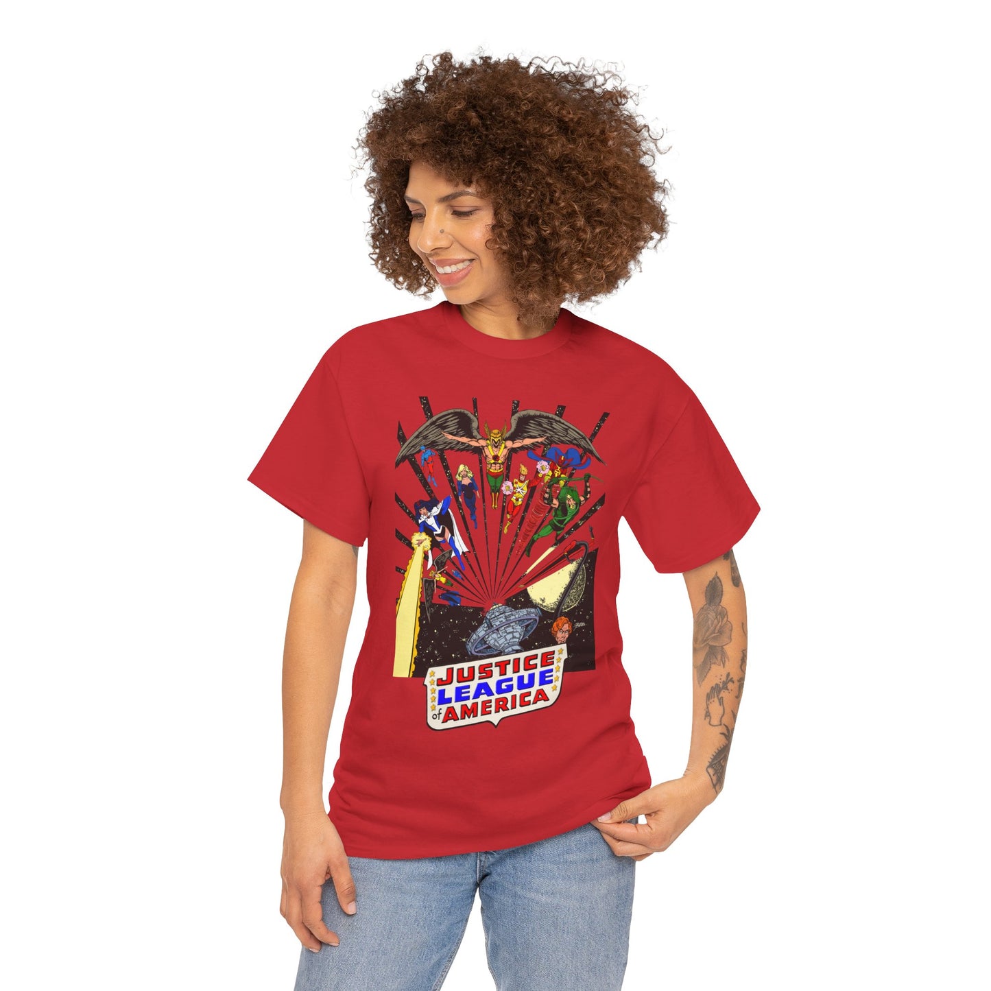 Justice League of America T-Shirt - George Perez Art - Bronze Age Satellite Era - DC Comics - Hawkman, Zatanna, Atom, Firestorm, Elongated Man, Green Arrow