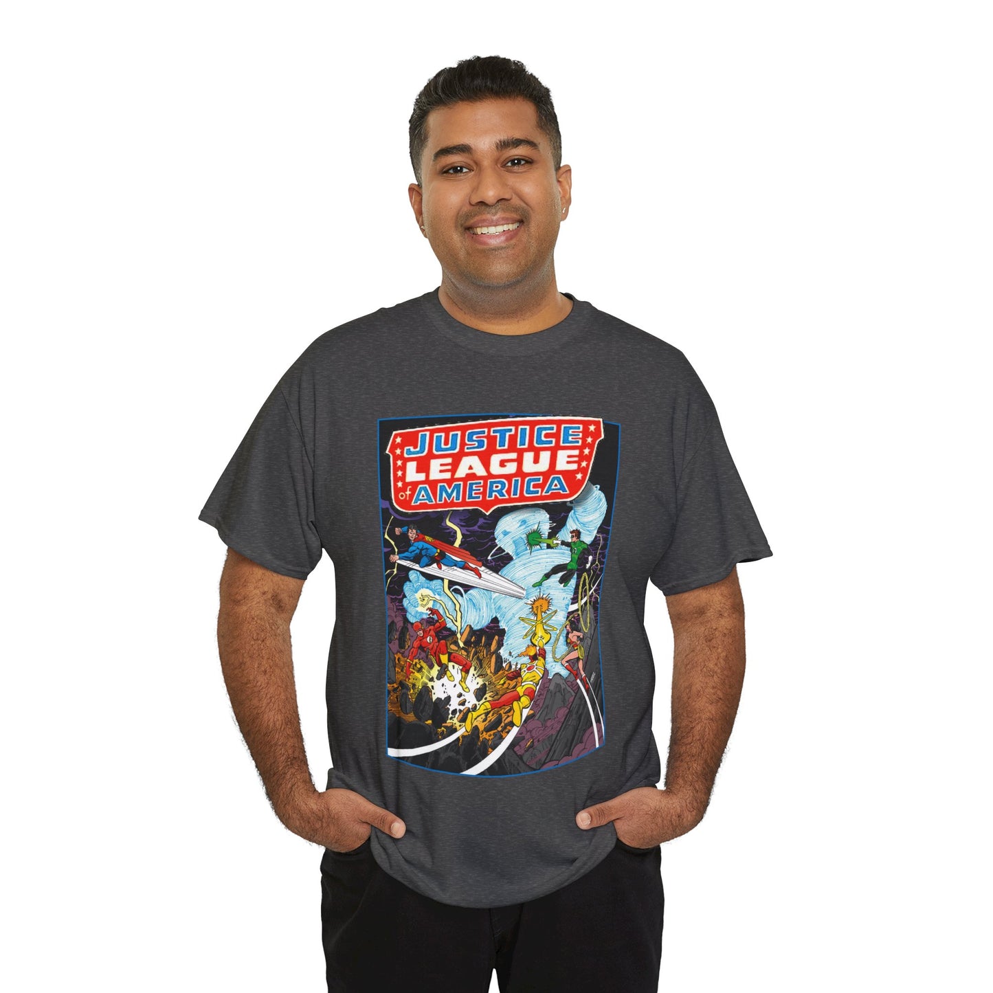 Justice League T-Shirt - George Perez Art - Tornado Tyrant - Superman, Firestorm, Flash, Wonder Woman, Green Lantern - DC Comics