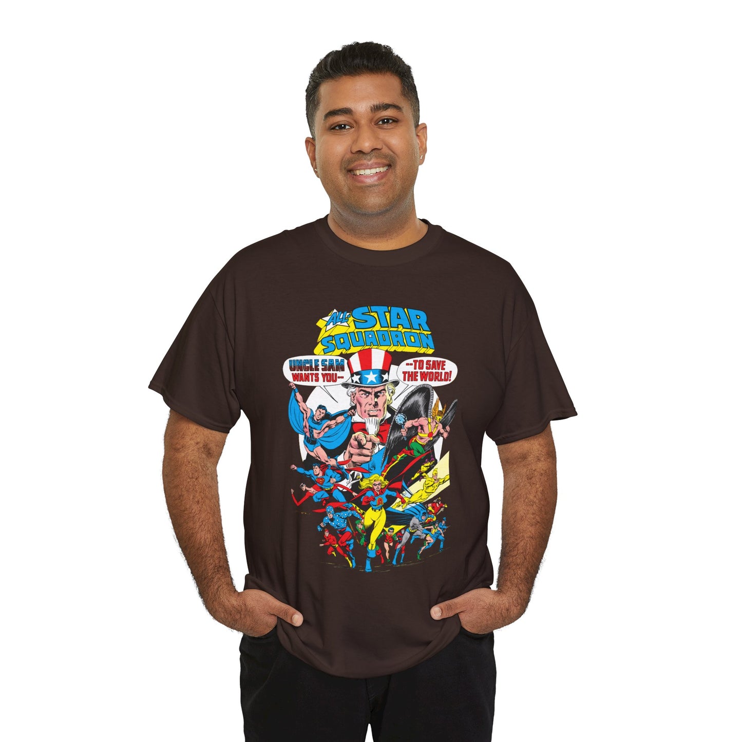 All-Star Squadron T-Shirt - Jerry Ordway Art - Uncle Sam, Hawkman, Superman, Liberty Belle, Black Condor, the Ray, Batman, Plastic Man - JSA Link - DC Comics