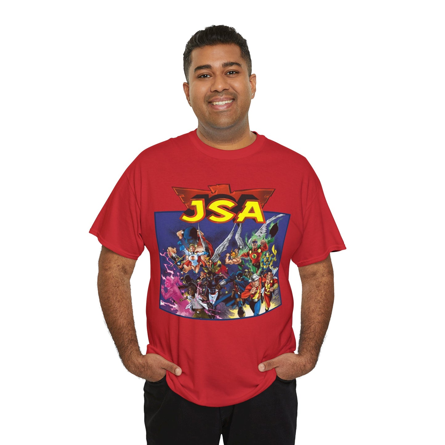 JSA T-Shirt - Carlos Pacheco Art - Green Lantern, Power Girl, Hawkgirl, Black Adam, Flash, Dr Fate, Hawkman - DC Comics - Justice Society of America