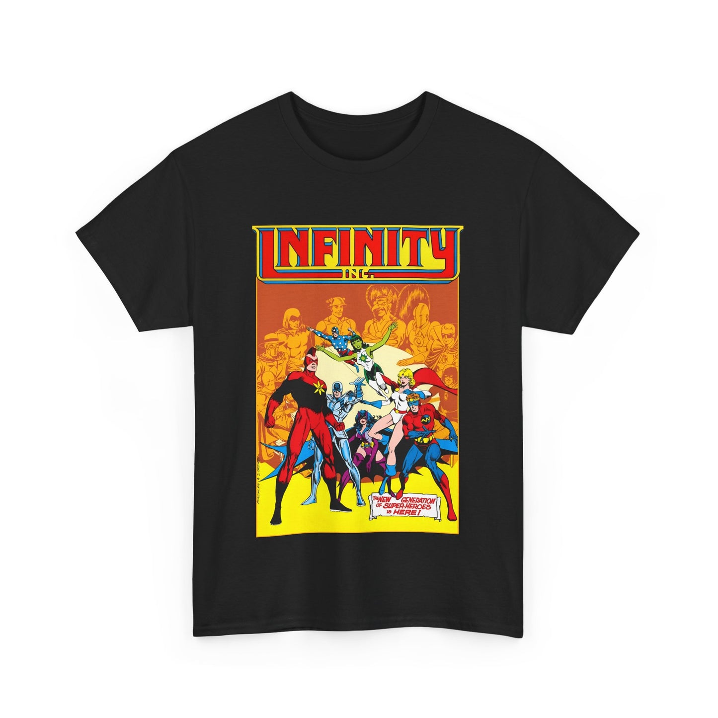 Infinity, Inc T-Shirt - Jerry Ordway Art - Silver Scarab, Huntress, Power Girl, Star-Spangled Kid, Fury, Jade - DC Comics - 1980s JSA Spin-Off Series