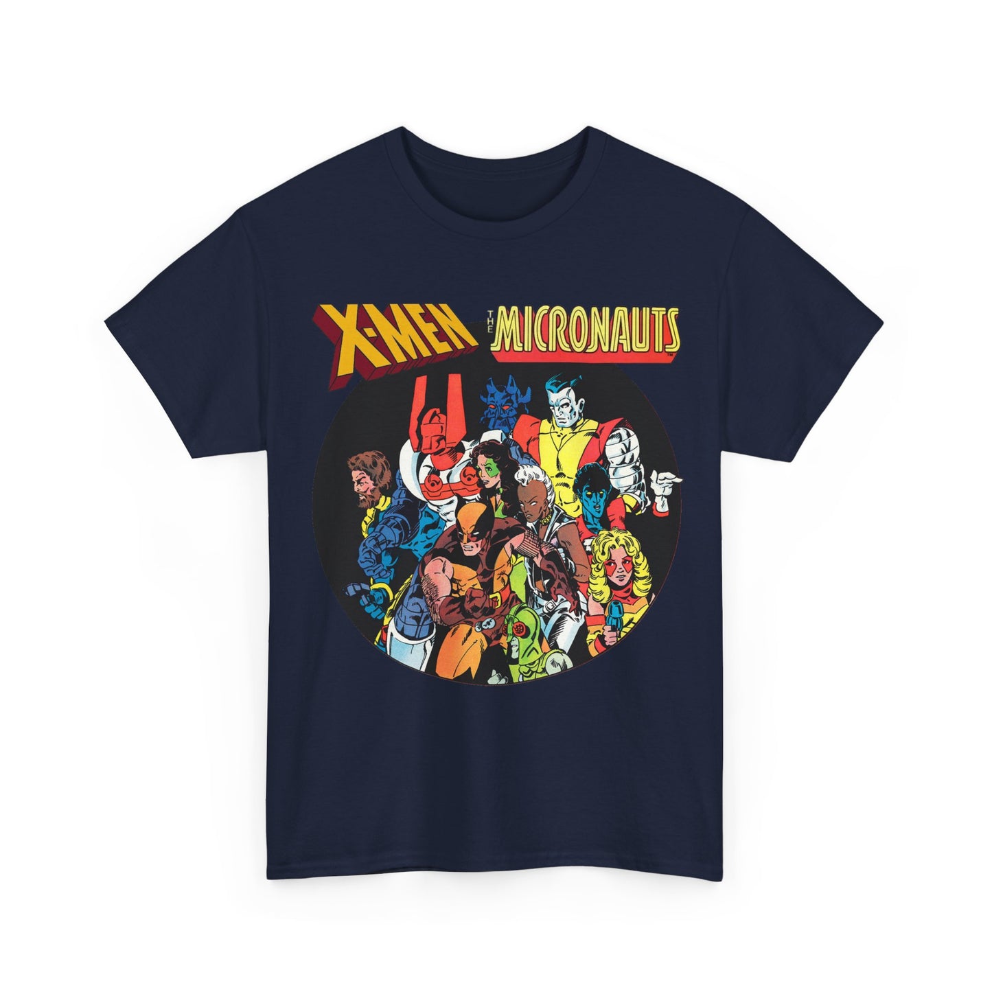 X-Men/Micronauts T-Shirt - Wolverine, Storm, Nightcrawler, Kitty Pryde, Colossus, Acroyear, Arcturus Rann, Marionette Bug - Marvel Comics - Popular 1980s Crossover Mini-Series